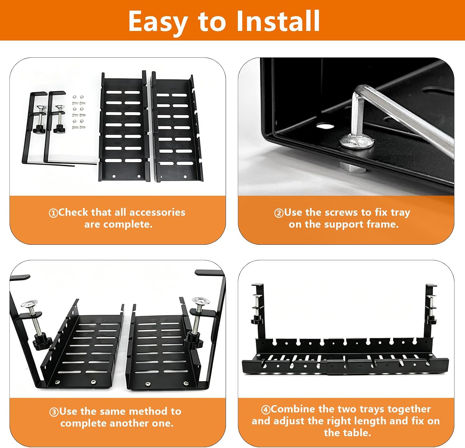 Under Desk Cable Management Tray, Expandable 25.2inch-38.6inch No Drill Clamp-On Wire Organizer, Heavy Duty Metal Cord Hider for Standing Desk Home Office, Black