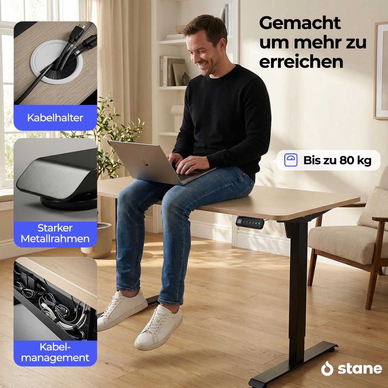 Stane Höhenverstellbarer Schreibtisch 160x80 – Elektrischer Bürotisch als Stehpult [4 Positionen] – Computertisch ideal für Homeoffice und Büro [Kabelkanal] – Eiche Schwarzes