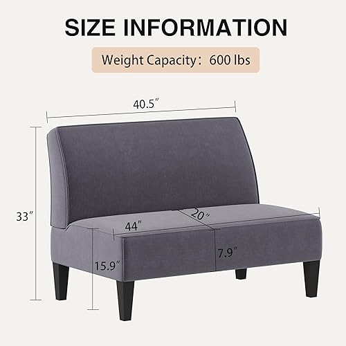 Miniatura 2 de Sofá biplaza pequeño tapizado para espacios pequeños, sofá de 2 plazas con patas de madera para dormitorio, sala de estar (gris claro)