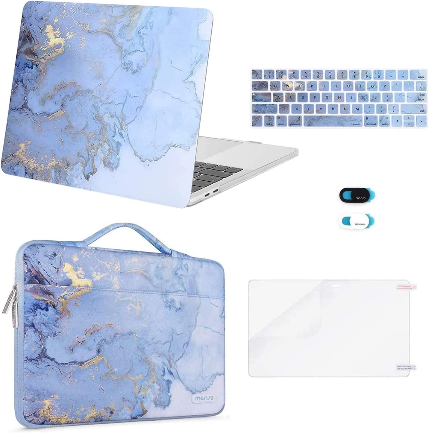 MOSISO Compatible with MacBook Pro 13 inch Case 2025-2016 M2 M1 A2338 A2251 A2289 A2159 A1989 A1708 A1706, Plastic Watercolor Marble Hard Case&Bag&Keyboard Skin&Webcam Cover&Screen Protector, Blue