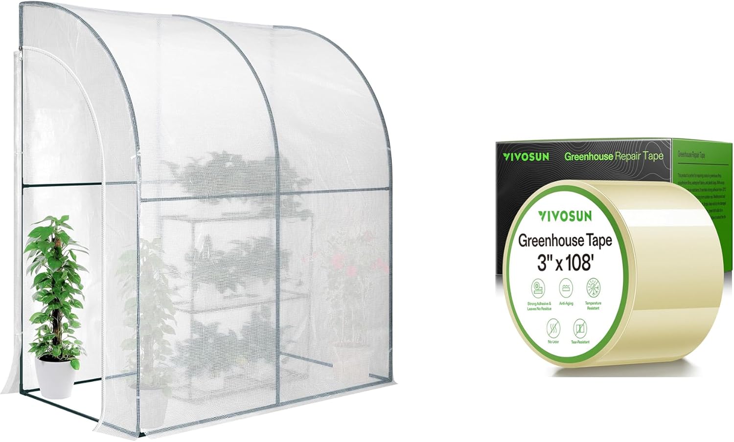 VIVOSUN Mini Lean-to Greenhouse and Greenhouse Repair Tape, 6.3 mil 3" x 108' Weatherproof Clear Poly Patch Tape, Heavy Duty Greenhouse Sheeting Coverings Film Tape