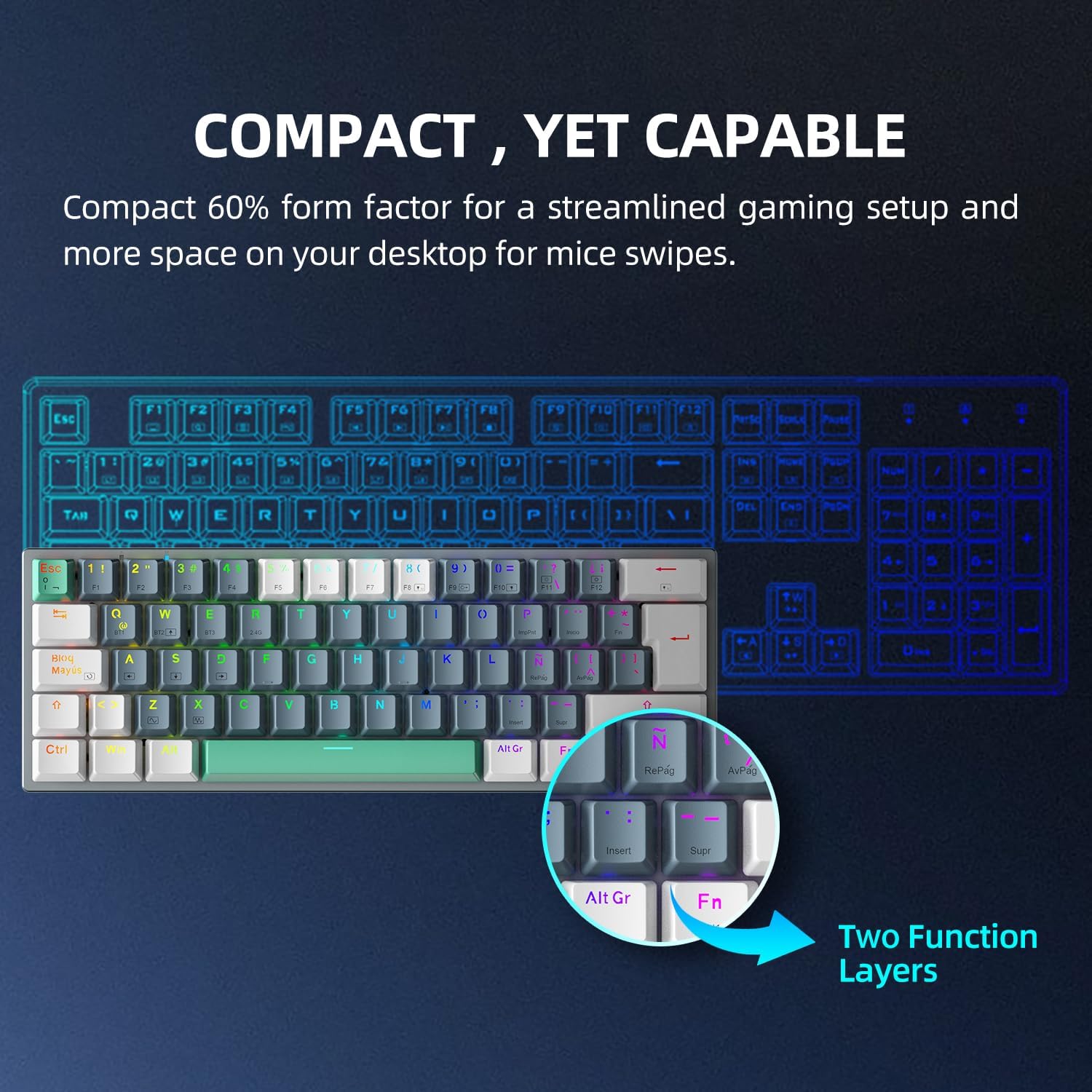 Machenike K500-B61W keyboard highlighting its compact 60% form factor and two function layers for extended functionality.
