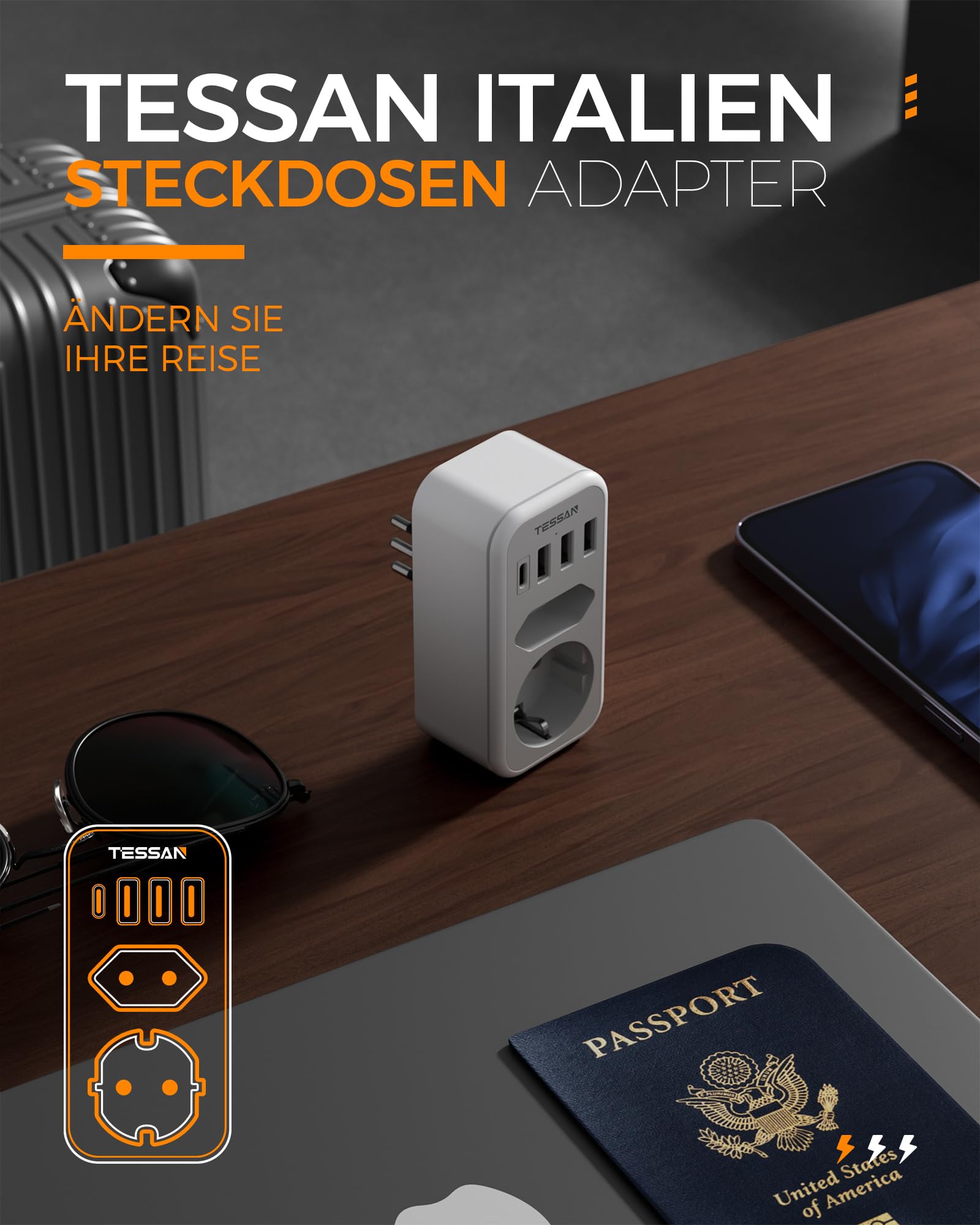 TESSAN Adapter Włochy do gniazdka, 6 w 1, adapter podróżny Włochy z 1 USB C i 3 USB A, adapter podróżny Chile, adapter Włochy Niemcy, adapter do gniazdka wtykowego USB do Włoch Chile Urugwaju