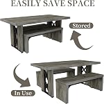 HIPIHOM 3-Piece Dining Table Set for 6-8 People, 70.8'' Rectangle Kitchen Table with 2 Benches for Breakfast Nook, Dining Room Furniture(Grey Table+Bench)