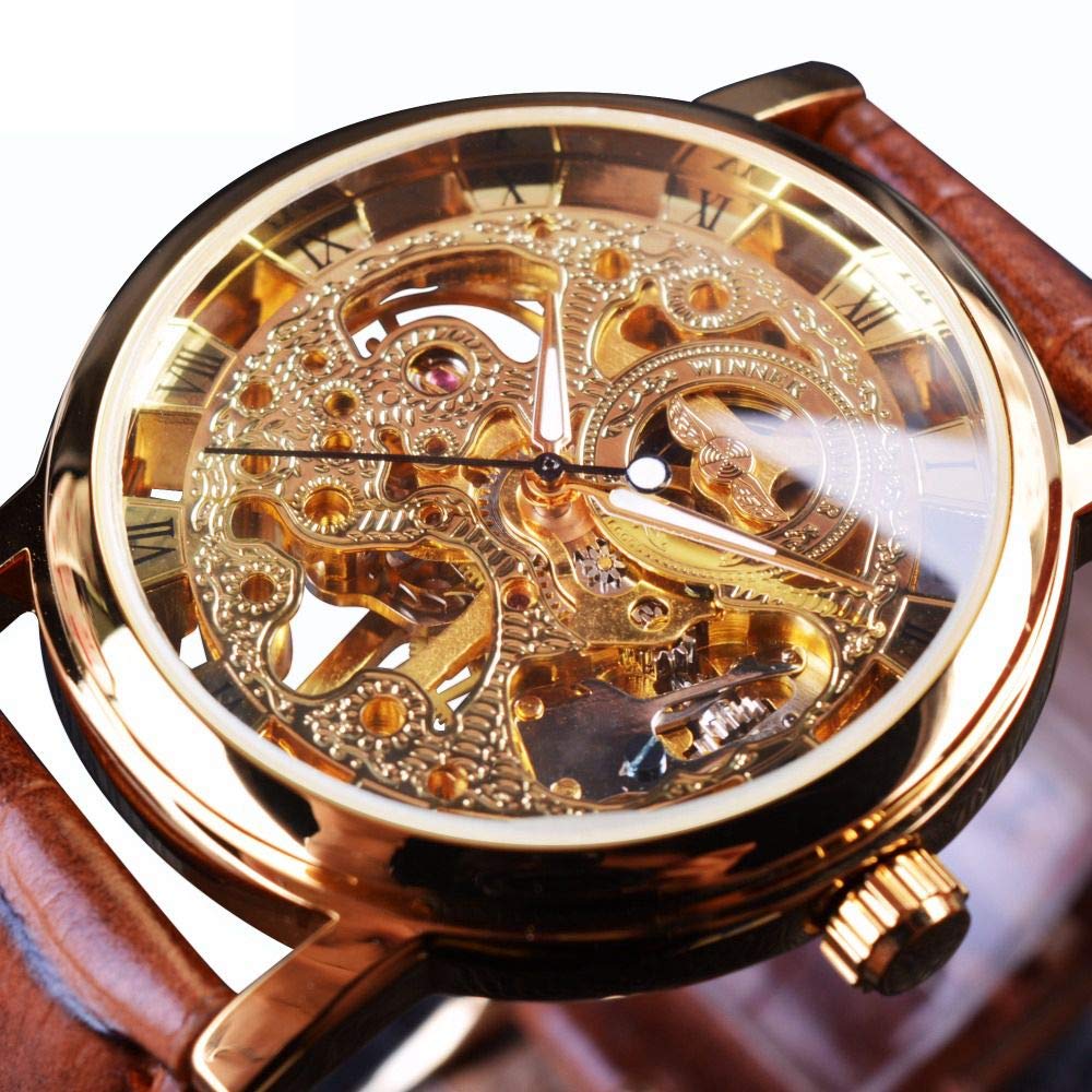 Winner Transparent Case Luxury Gold Watch for Men Brown Leather Strap Hand-Wind Skeleton Mechanical Watch Casual Fashion