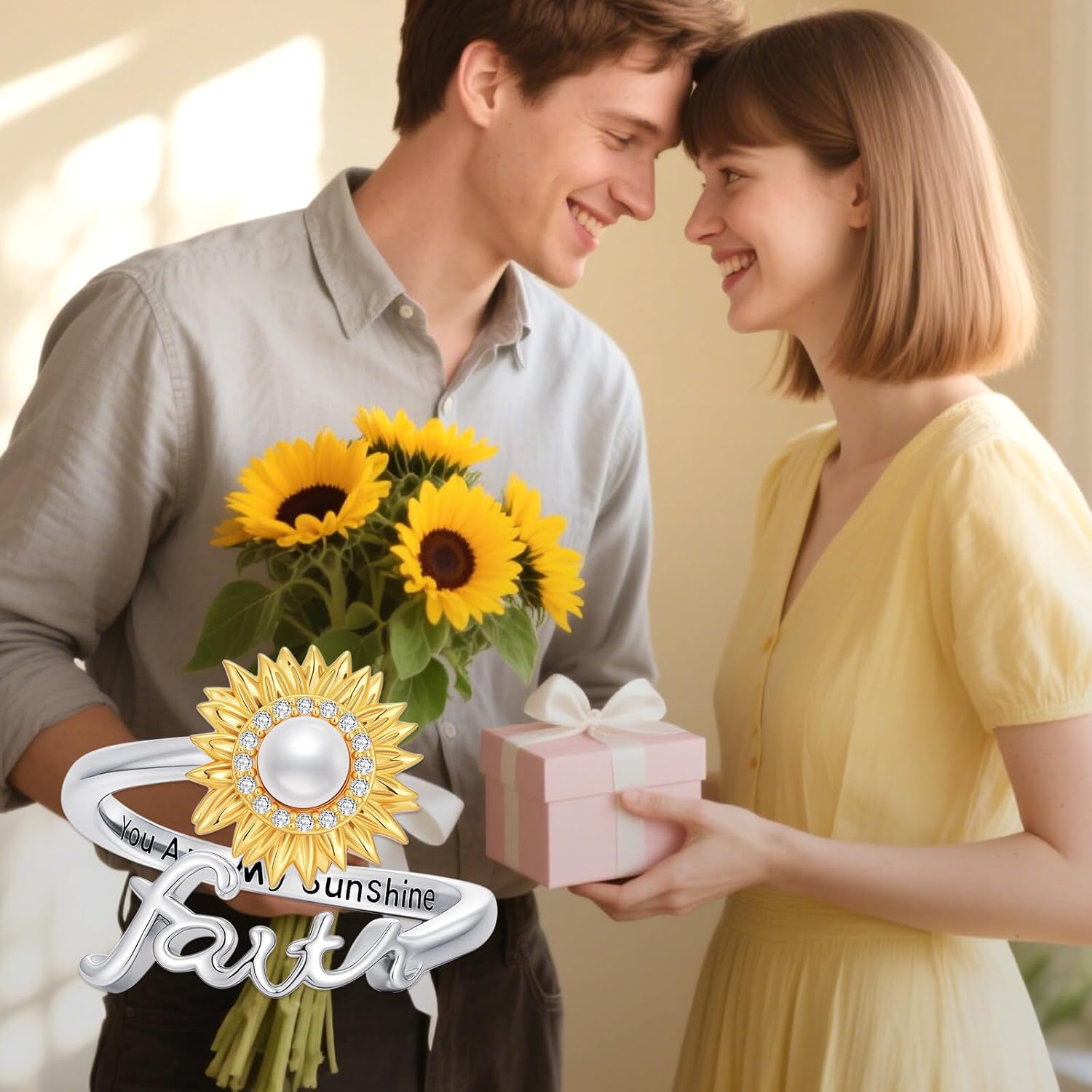 Sunflower Ring for Women 925 Sterling Silver Sunflower Faith Ring Freshwater Pearl You are My Sunshine Adjustable Open Band Rings Jewelry Gifts for Mom Wife