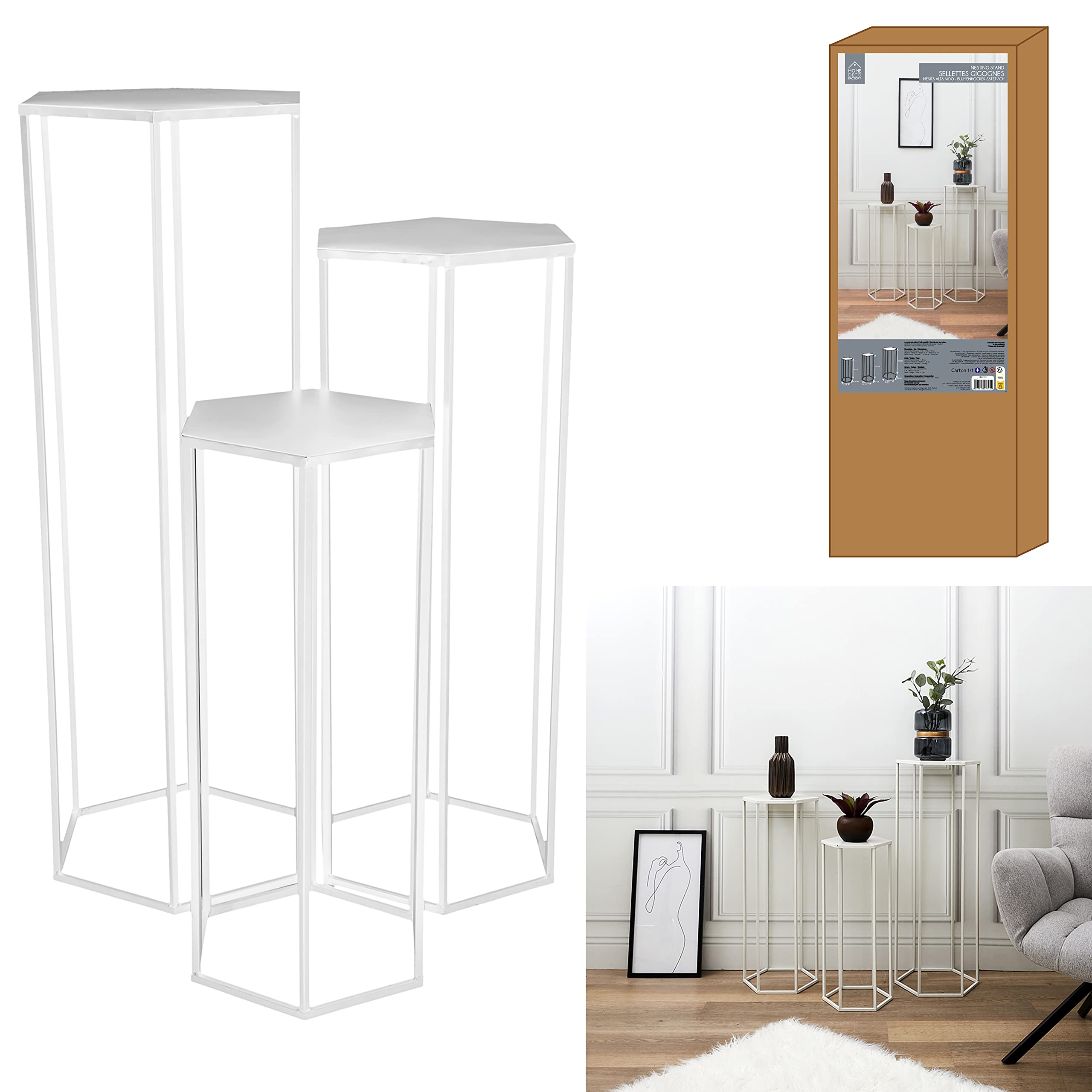 HOME DECO FACTORY Gigogne X3 Metal Blanc Mobilier Tavolo Scrivania Consolle Sellette Mobile Ine, 60x30x26 cm