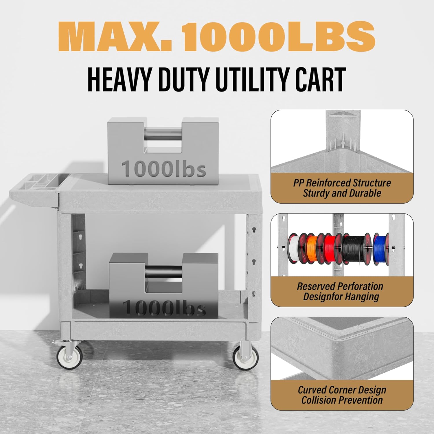 Heavy Duty Utility Rolling Tool Cart, 1000 lbs Capacity Flat Top Plastic Utility Service Cart with Two Trays and Wheels, 46 x 26-Inch Work Cart for Storage, Garage, Warehouse, Workshop, Gray