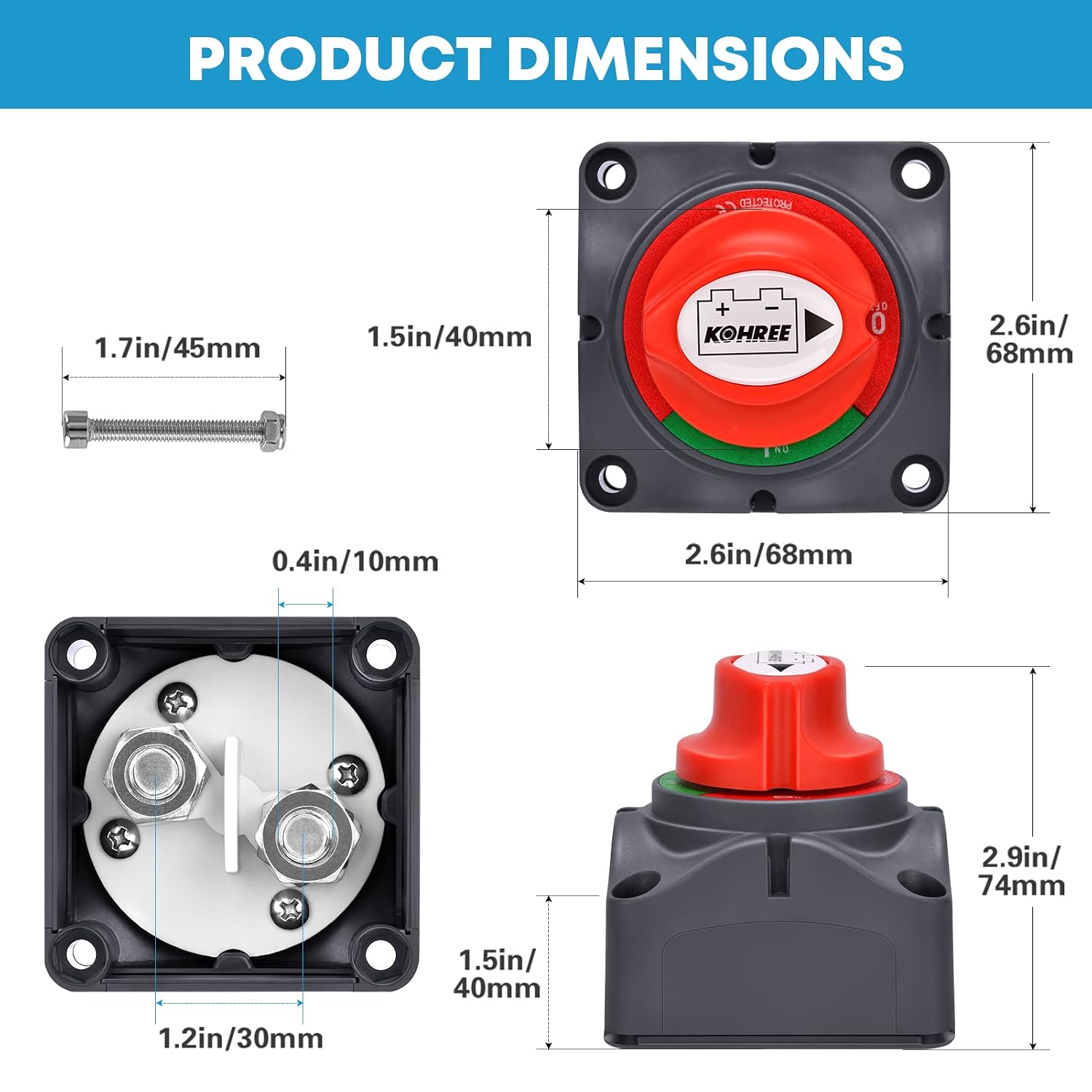 Kohree Battery Disconnect Switch, 12V-48V Battery Isolator Power Cut Off Master Switch Waterproof for RV, ATV, Car, Marine, Boat, AUTO, with 4 Mounting Bolts, 275 Amps, (On/Off)