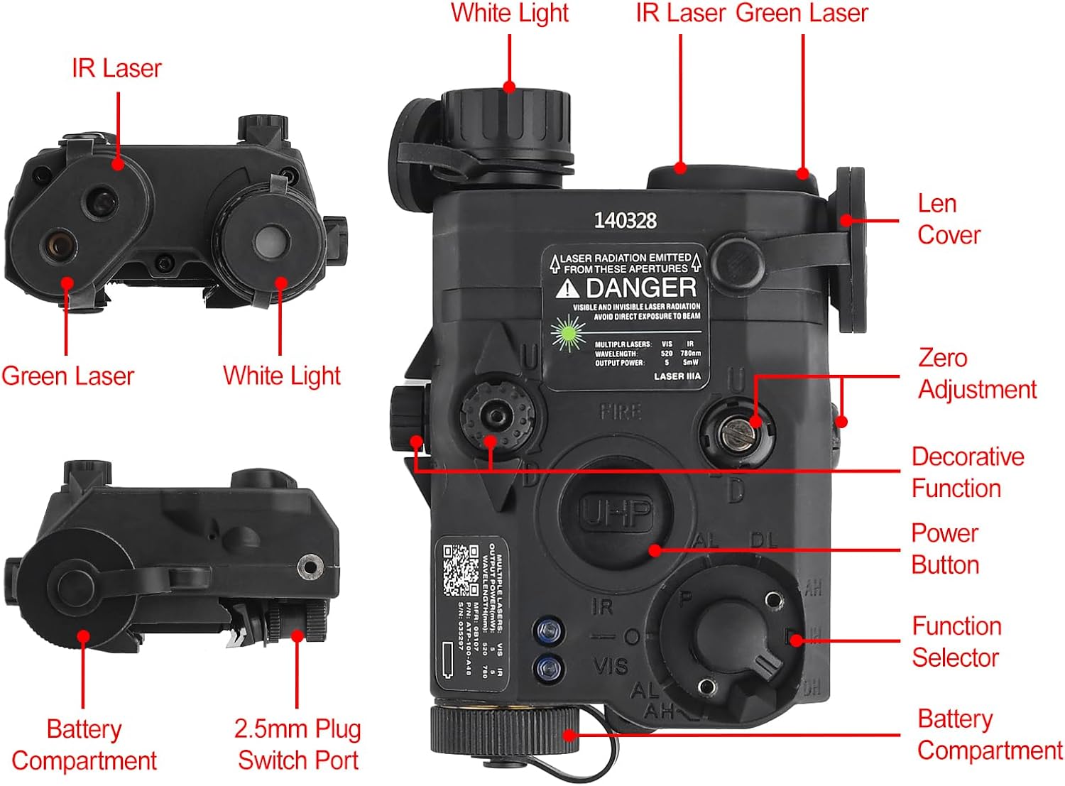 2.91" Red Dot Sight Riser Mount Tactical Optic Scope Riser 8 Slots Picatinny Mount + 5 Modes Airsoft PEQ 15 Tactical Aiming Green Laser Sight with IR+Green+White Light