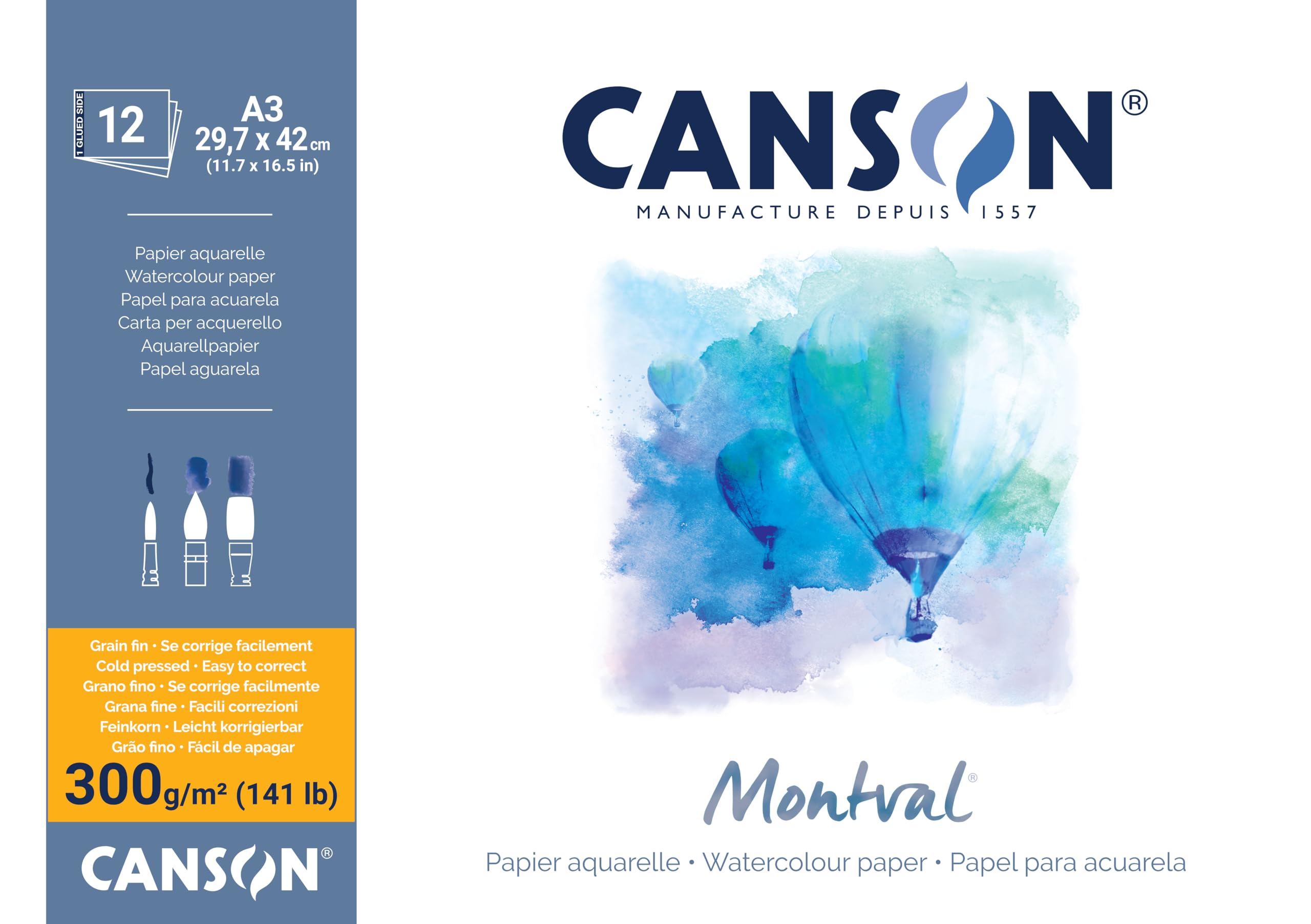 Canson Montval 300gsm watercolour practice paper pad including 12 sheets, size:A3, natural white and Cold Pressed (Not)