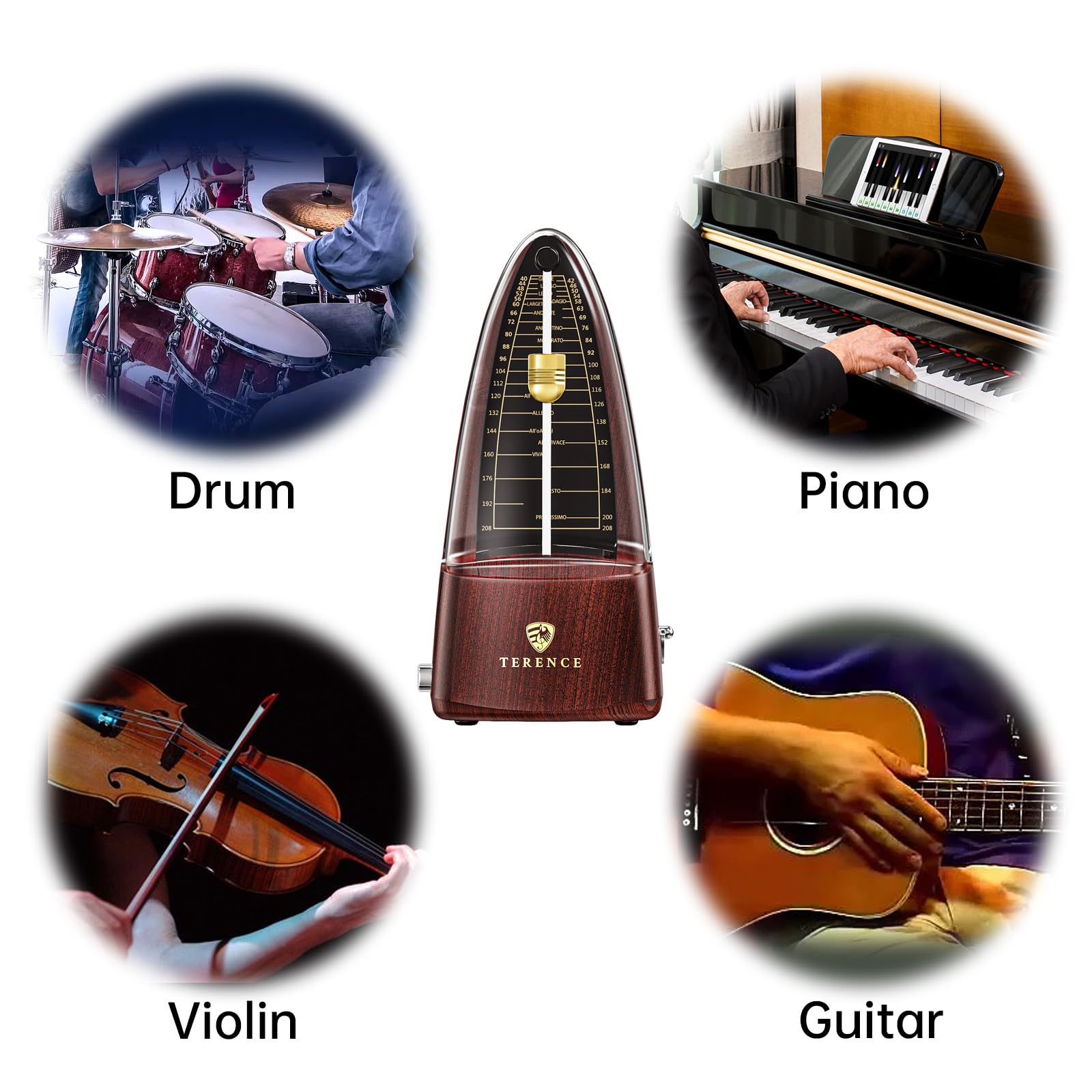 TERENCE Metrónomo Mecánico Metronomo para Piano Guitarra Bass Bajo Ukulele Batería Drum Violín Metrónomos para principiantes Adultos y niños Color de madera