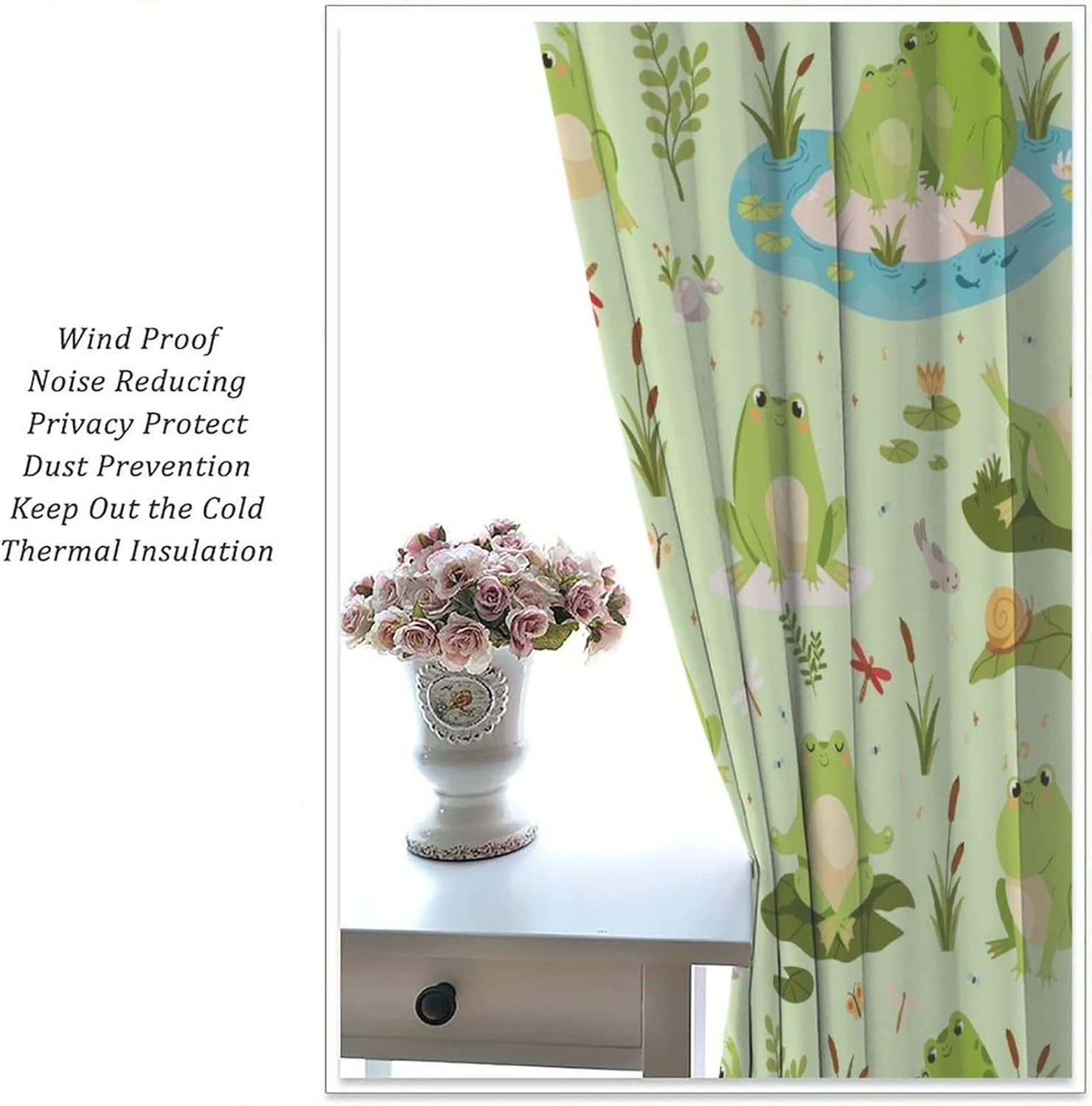 Cartoon Cute Frogs Blackout Curtains for Bedroom - Forest Animals Frog Mushroom Green Leaves Window Treatment,Rod Pocket Room Darkening Curtains 2 Panels 63L x 21W