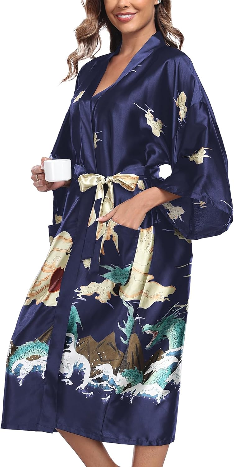 BestWendding Women's Satin Kimono Robes Floral Patterned Long Bathrobe Silky Dressing Gown Bridesmaid Robes with 2 Pockets - Image 4