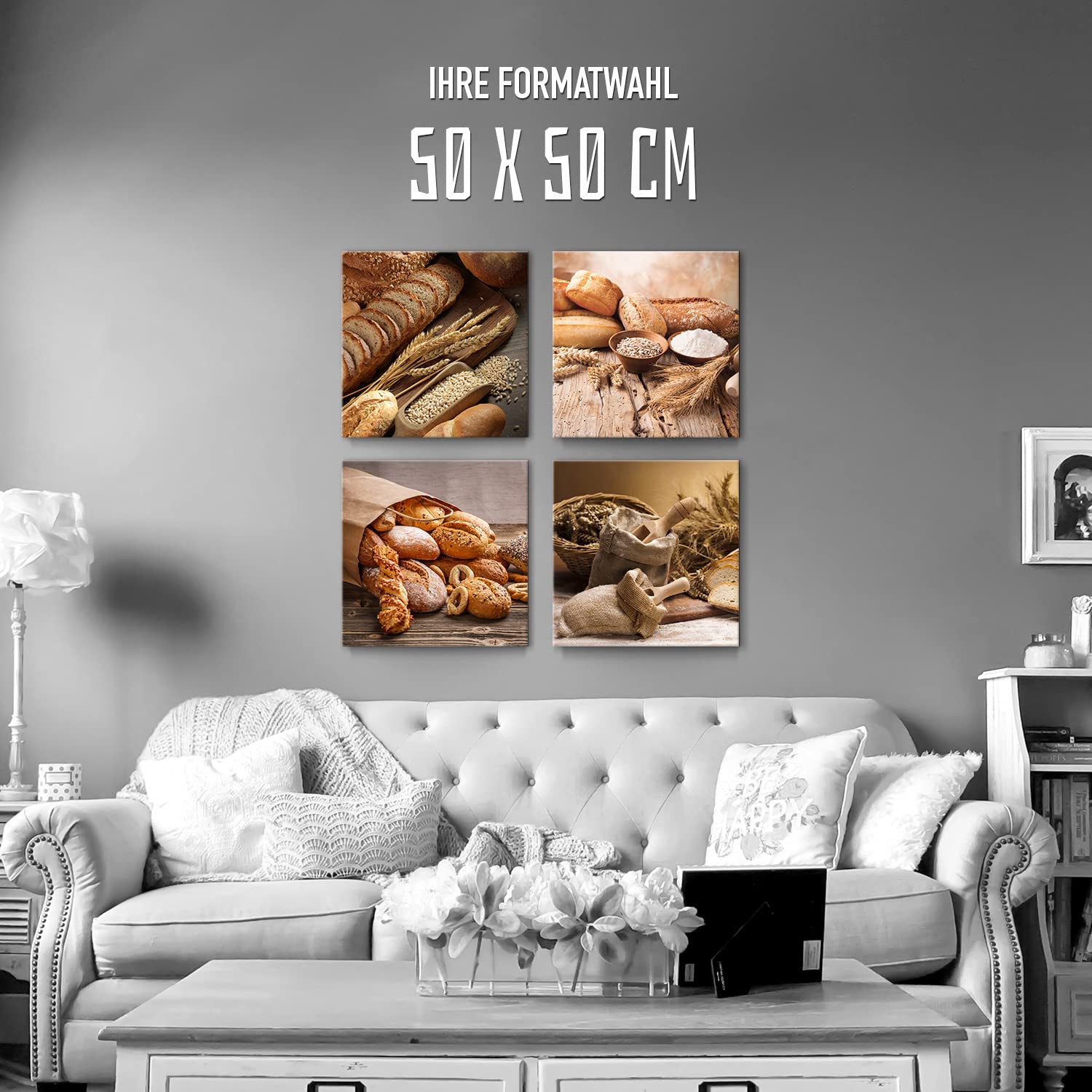 Wandbilder Küche Leinwand, 50x50cm je Motiv. Schöne braune Deko Bilder von Brot, Getreide, Backwaren. Für Küche, Esszimmer. Moderner Kunstdruck auf Leinwand. Aufhängefertig.