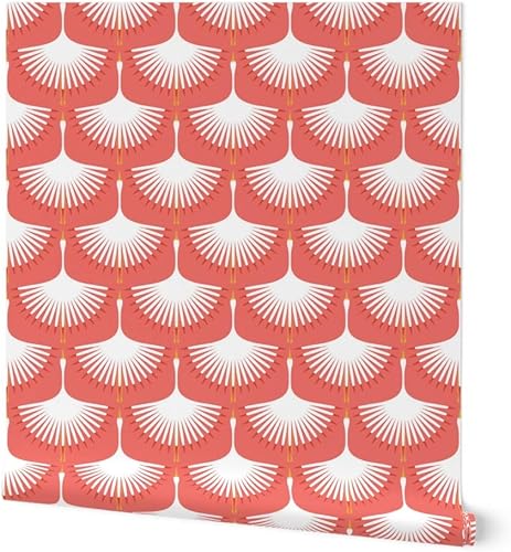 Spoonflower - Papel tapiz de grado comercial de 27 x 2 pies, diseño de cisnes blancos Art Deco de grúas de coral de mediados de siglo