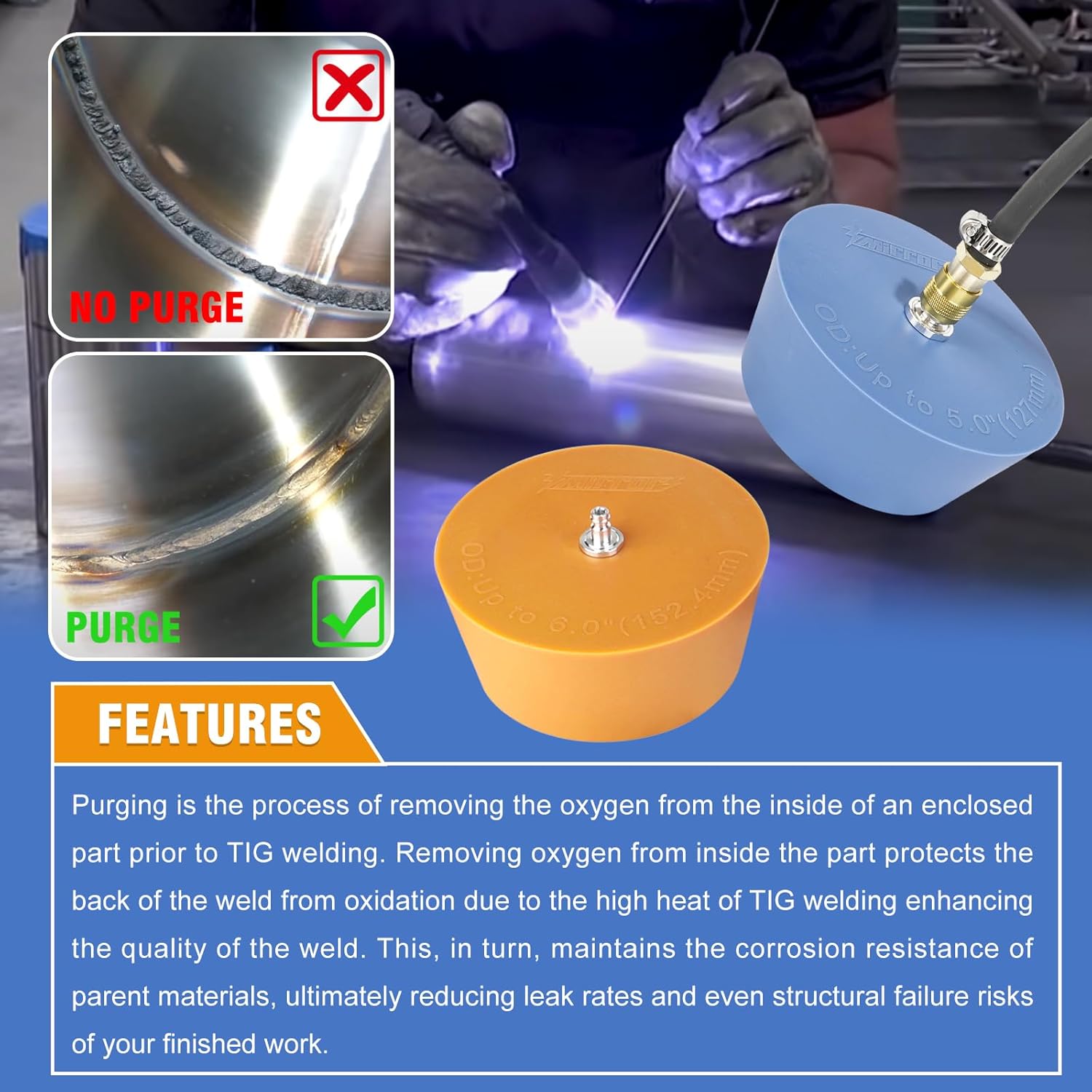 3mirrors 5.0"-6.0"Non-toxic and High Temperature Silicone Purge Plugs Welding Back Purging Plugs Set of 4,with Fitting Sleeves