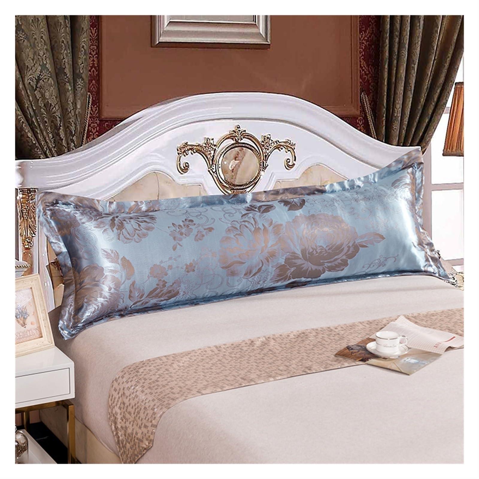 Lujosa funda de almohada de seda de 48 x 150 cm, satén europeo retro, funda de almohada larga para parejas, suave y duradera, perfecta para decoración del hogar y regalo.