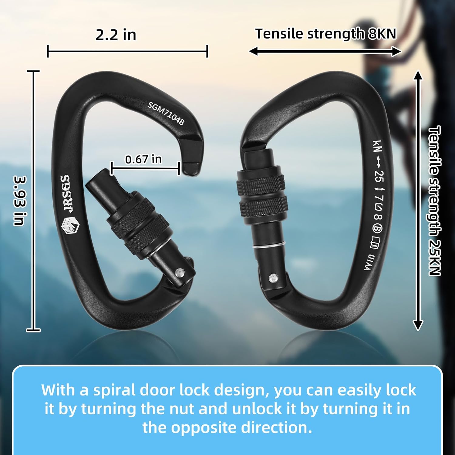 Locking Carabiner Clips with Lock Mark Rock Climbing Carabiner Heavy Duty Carabiners Equipment Large Size Carabiner for Climbing, Rappelling,Hunting, Aerial Work - Image 2