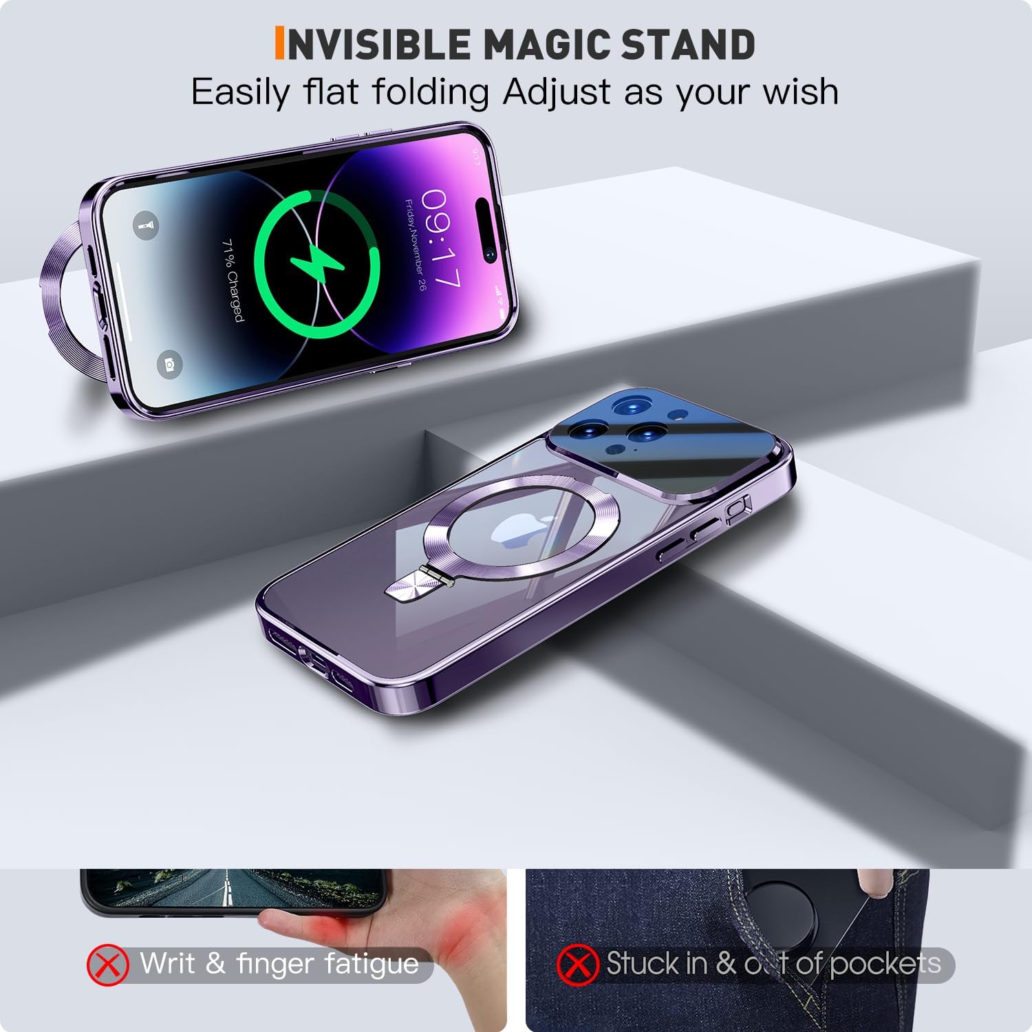 [Full Camera Lens Protection+CD Ring Compatible with MagSafe Stand]Magnetic for iPhone 14 Pro Max Case, Military Grade Drop Protection Electroplated Bumper Non-Yellowing Clear Case for Women Men Girls