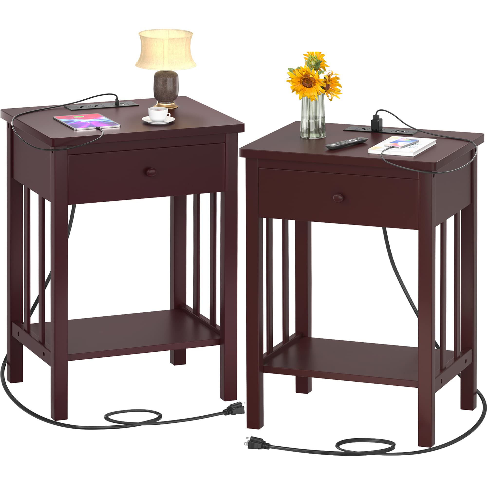 Homykic Nightstand with Charging Station, Bamboo Nightstands , Wood