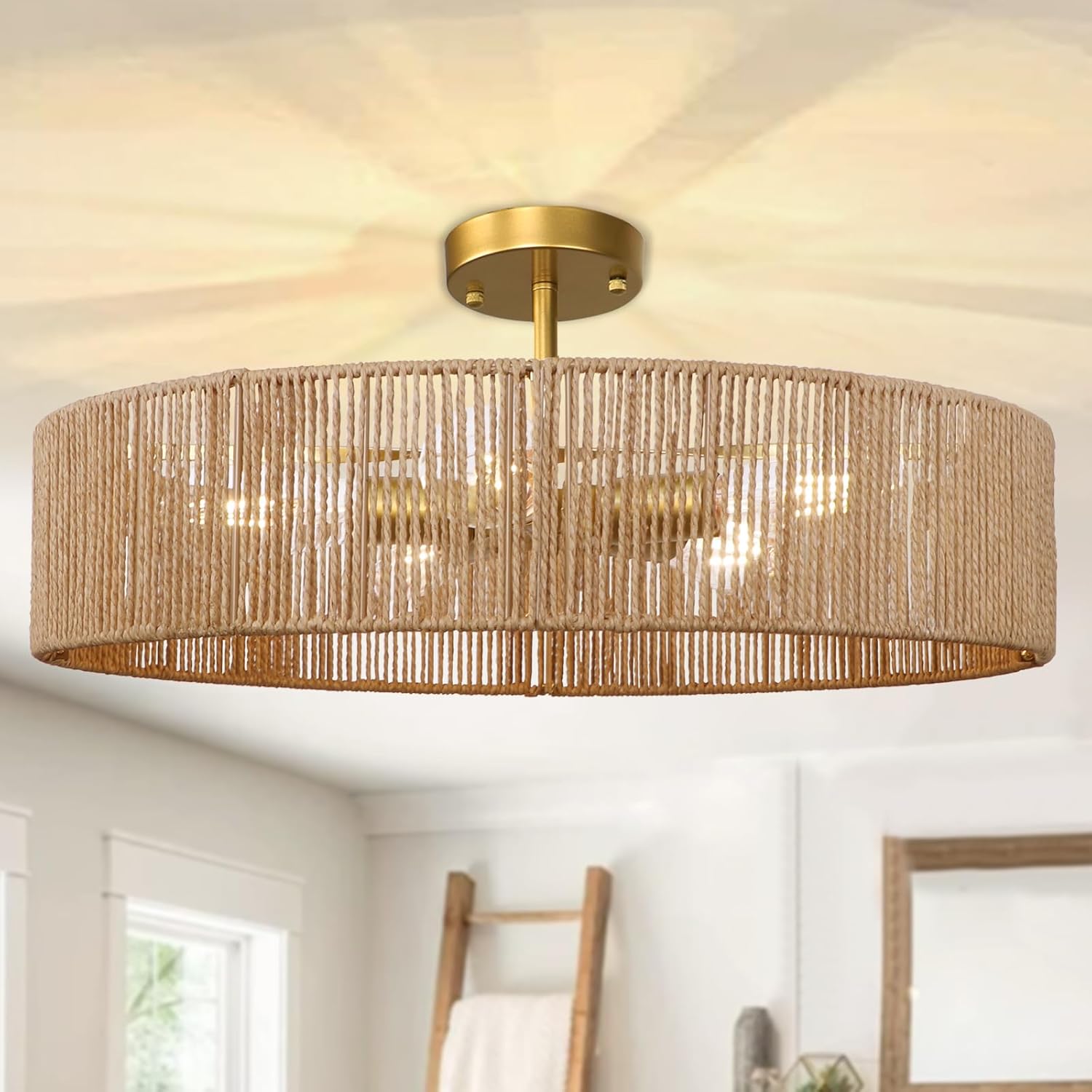 5-Light Boho Rattan Chandelier, Gold Hand-Woven Drum Farmhouse Chandelier Light Fixture, Large Adjustable Rustic Ceiling Light for Dining Room, Bedroom, Kitchen Island, Foyer, Hallway