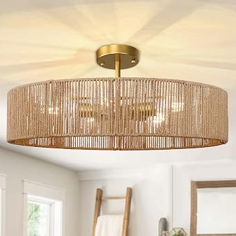 5-Light Boho Rattan Chandelier, Gold Hand-Woven Drum Farmhouse Chandelier Light Fixture, Large Adjustable Rustic Ceiling Light for Dining Room, Bedroom, Kitchen Island, Foyer, Hallway