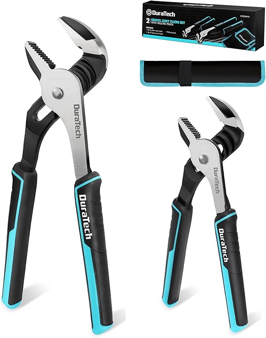 DURATECH 2-Piece Groove Joint Pliers Set with Rolling Pouch, 10 & 8-Inch Adjustable Water Pump Pliers, Straight Jaw Tongue and Groove Pliers for Home Repair, Gripping, Pipe & Fittings