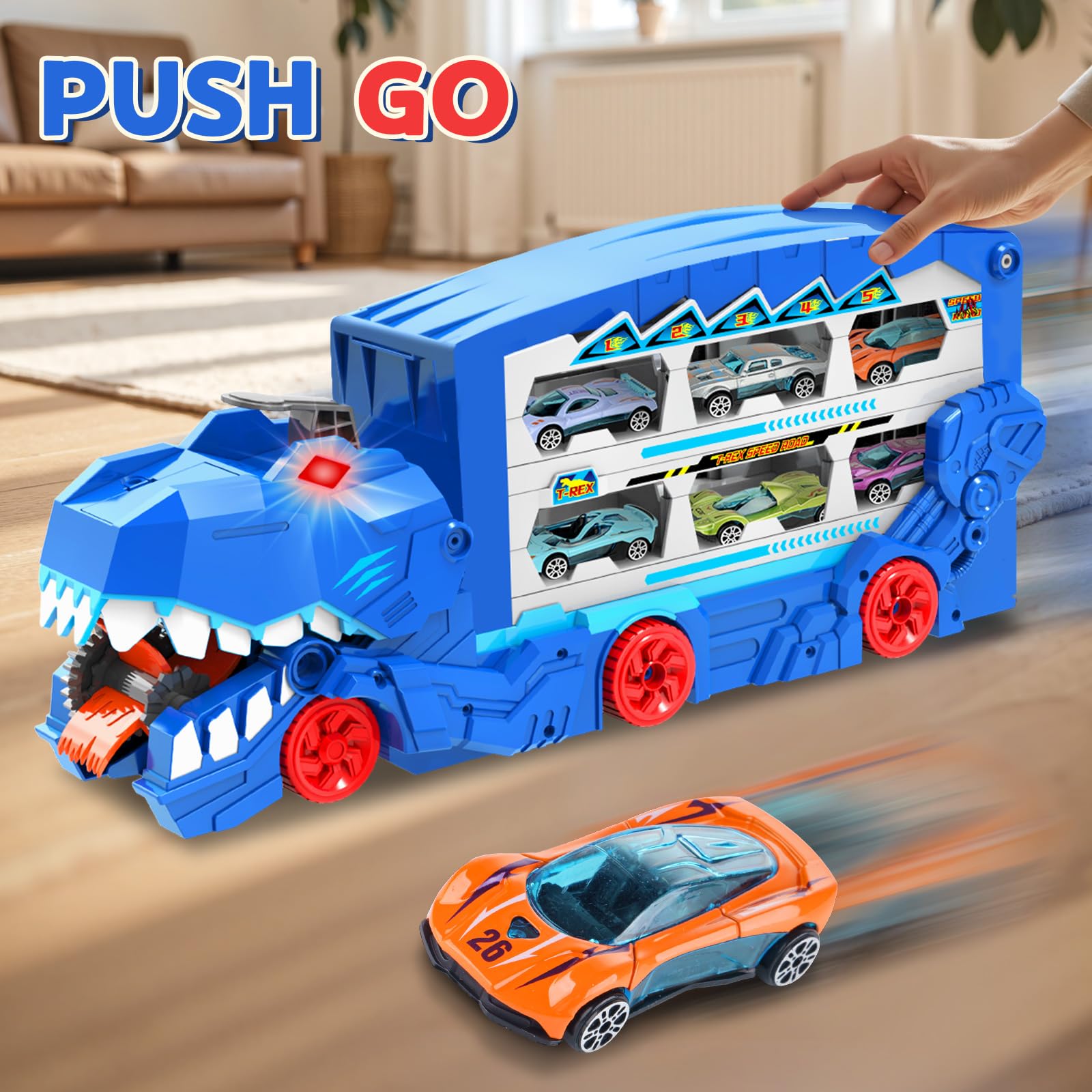 Ultimate Transporter - Juego de juguetes de pista de carreras de dinosaurios para niños, camión portador de 6 pies con 8 coches de juguete de metal fundido a presión, coche de carreras con