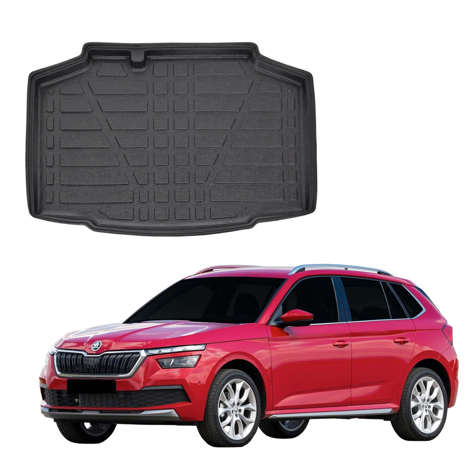 SCOUTT Vasca Bagagliaio per Skoda Kamiq Dal 2019 Piano Inferiore, Arrotolabil, in TPE su Misura, Proteggi Baule con Bordo Alto 4 cm, Antiscivolo, Inodore