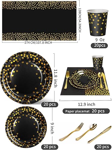 Miniatura 3 de 141 piezas de suministros de fiesta de oro negro, los juegos de vajilla de fiesta incluyen platos de papel, servilletas, tazas, cubiertos, para