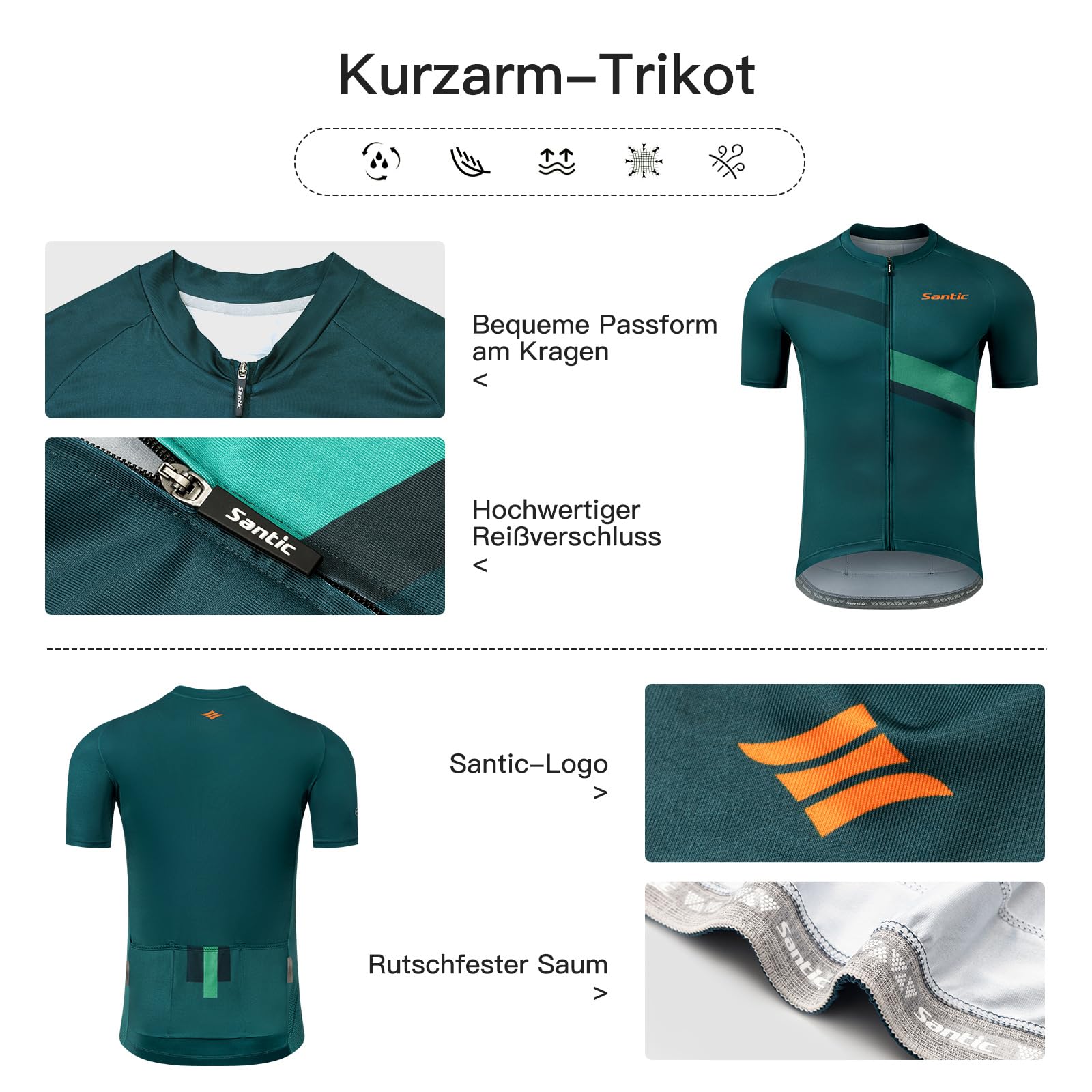 Santic Maillot de ciclismo para hombre, de manga corta, transpirable, con bolsillos traseros, para ciclismo de carretera, MTB, verano