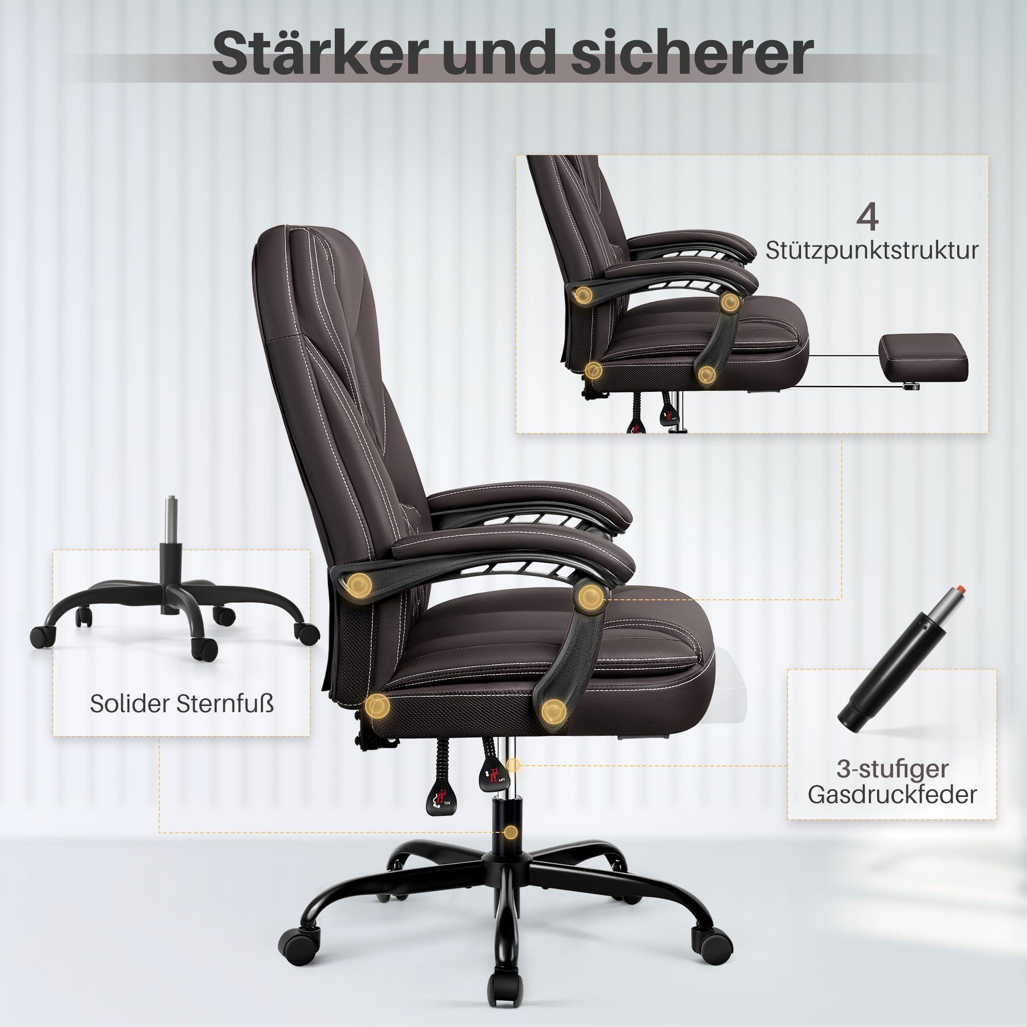 Bürostuhl ergonomischer Schreibtischstuhl bis 140°mit Fußstütze Kopfstütze Wippfunktion Drehstuhl Chefsessel Kunstleder, Grau