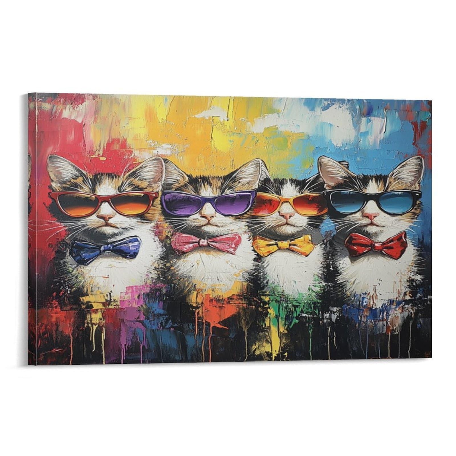 CPLVKWRQJ Cool Cats Single Piece Artistic Cartoon Style Framed Canvas Print - Bedroom Statement Piece Easy to Clean Ready to Hang 20x30inch(50x75cm)