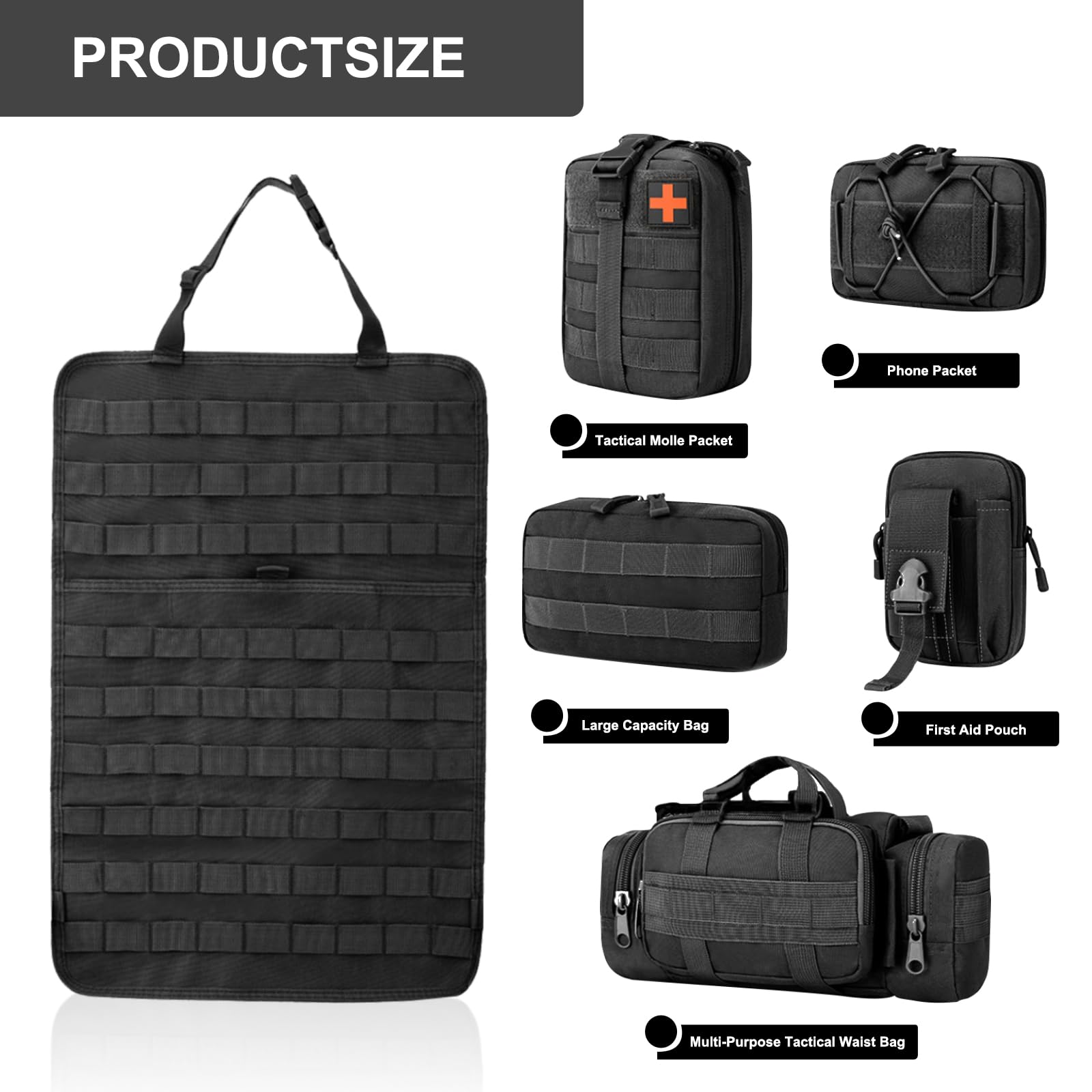 Organizer Tattico per Sedile Auto con 5 Tasche Rimovibili | Nylon 900D, Per Auto e Camion, Cinghie Regolabili, Adattabile a Sedili Anteriori/Posteriori, 45x35x8cm, Nero