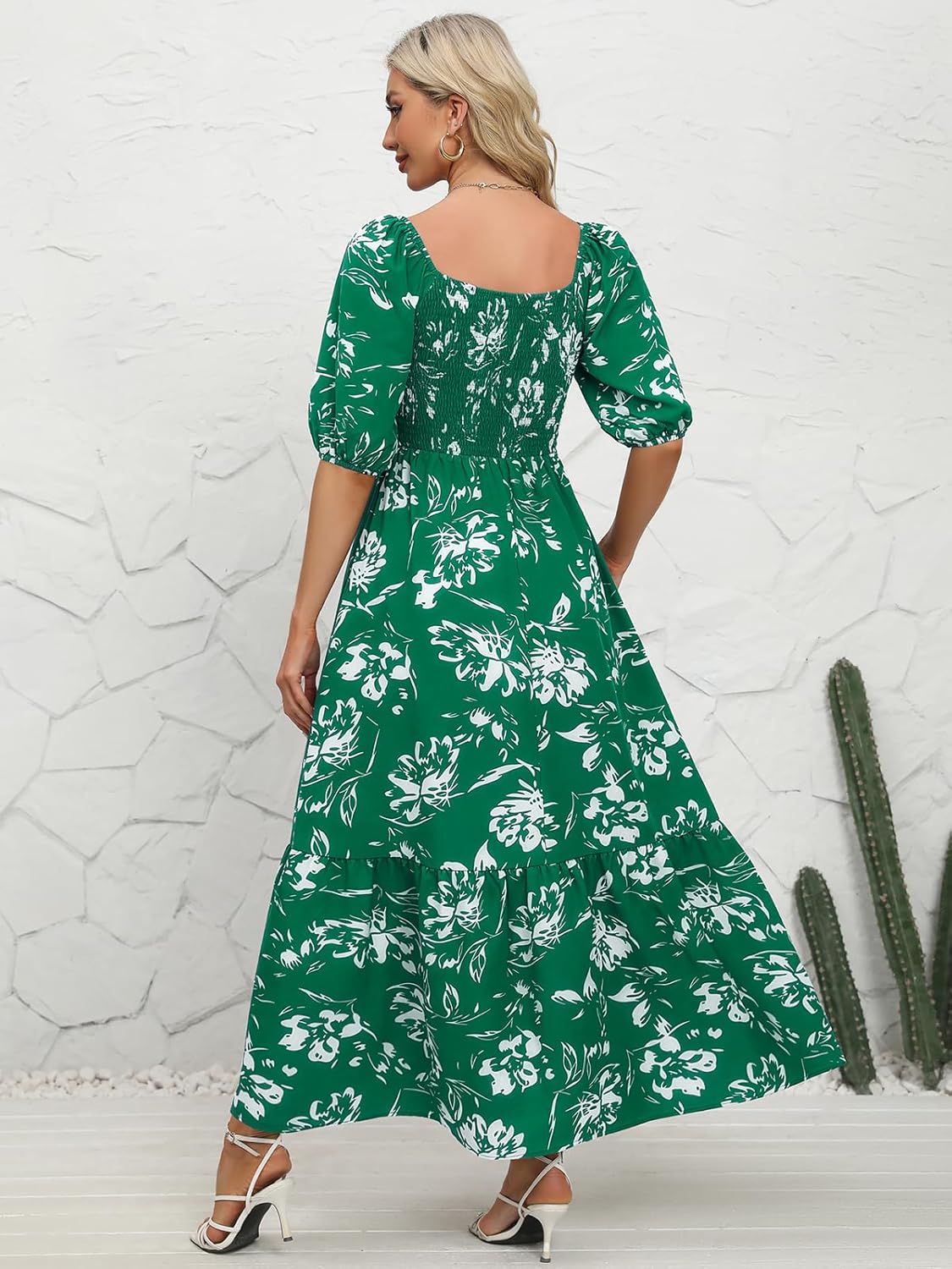 Lyrur Summer Boho Smocked Maxi Dresses for Women 2024 Casual Puff Sleeve Square Neck A Line Tiered Ruffle Ankle Length Dress