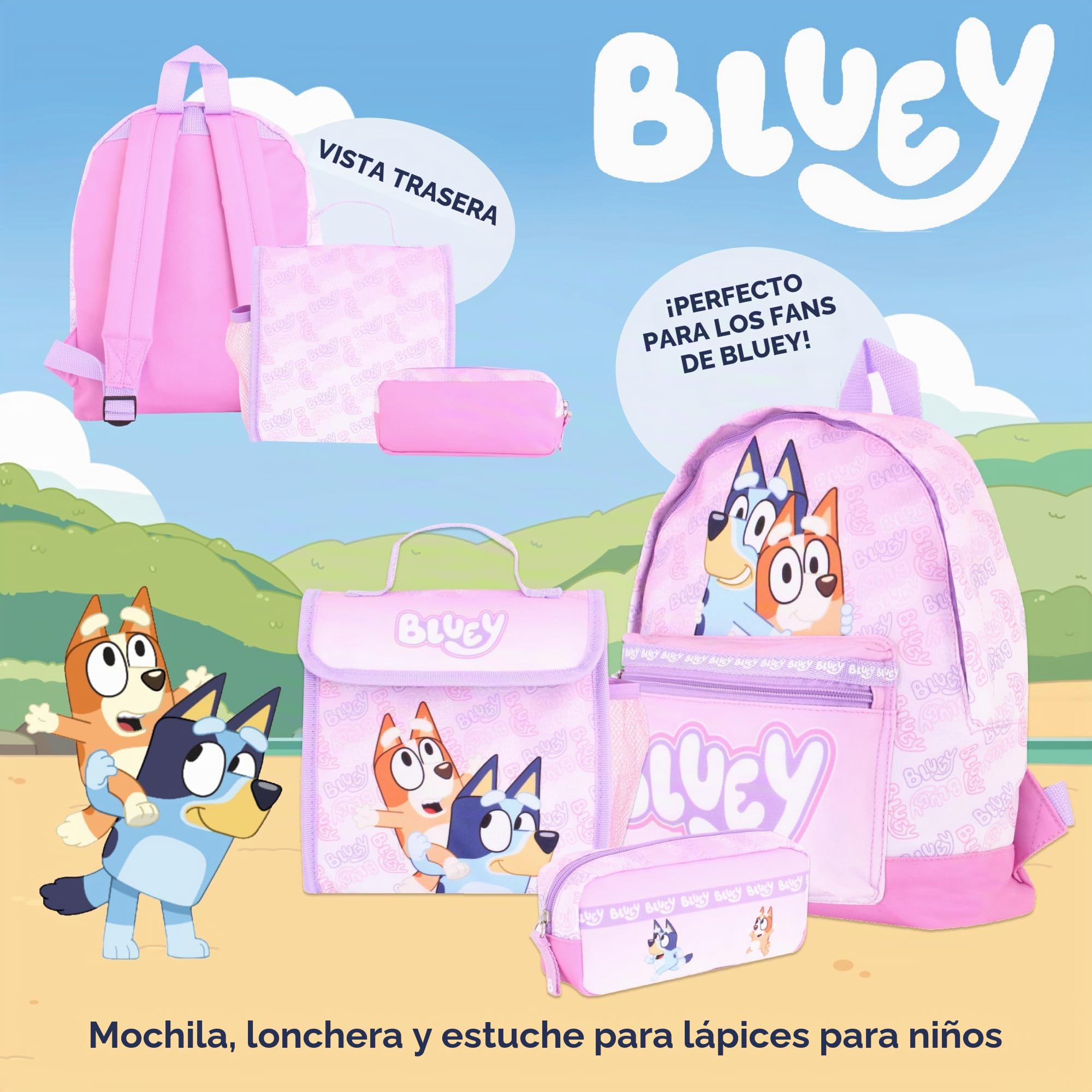 Bluey Juego de mochila para niñas – 3 piezas para niños y niños pequeños, mochila escolar con lonchera y estuche para lápices