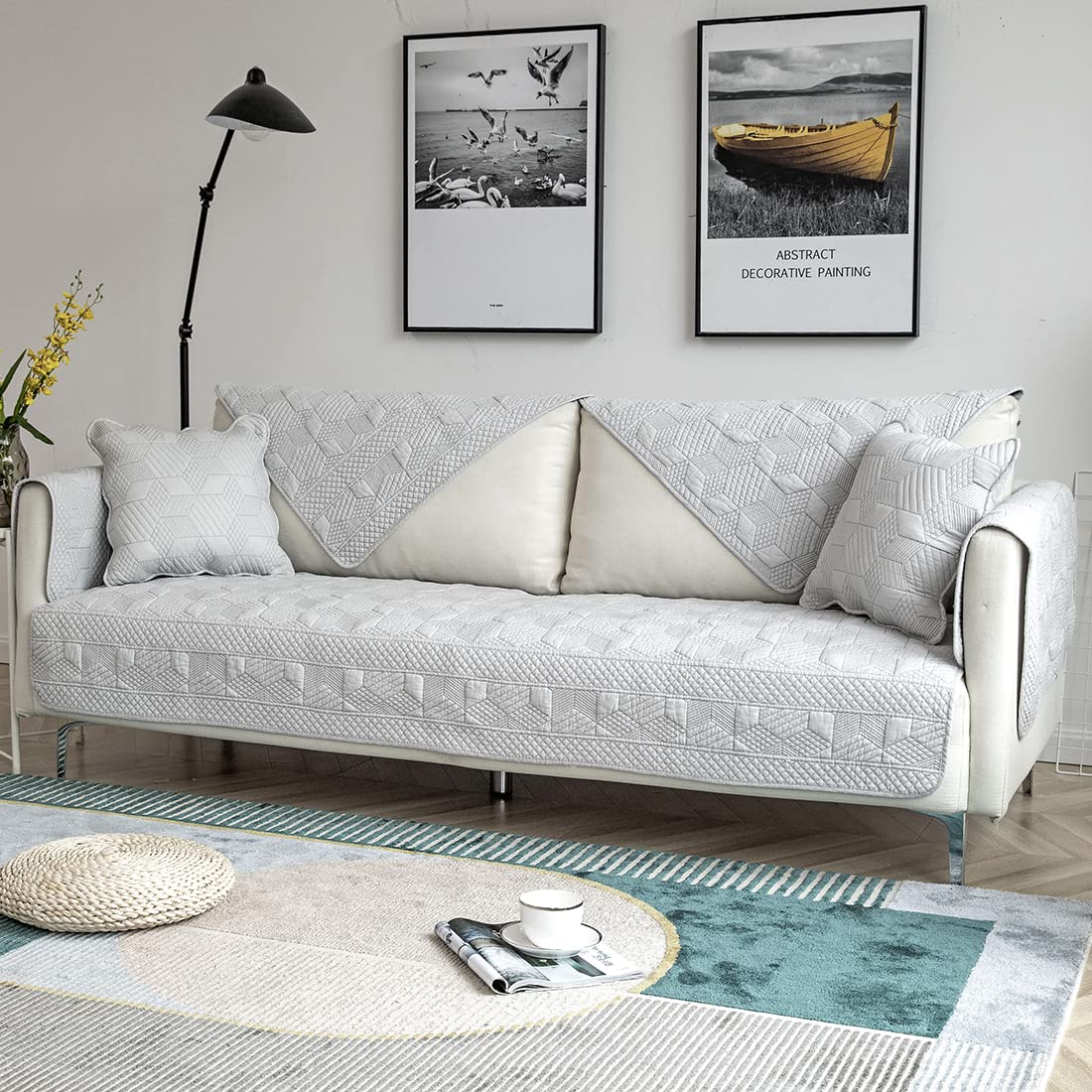 Amazon｜綿100% キルティング リバーシブル ソファ ソファ カバー 幾何