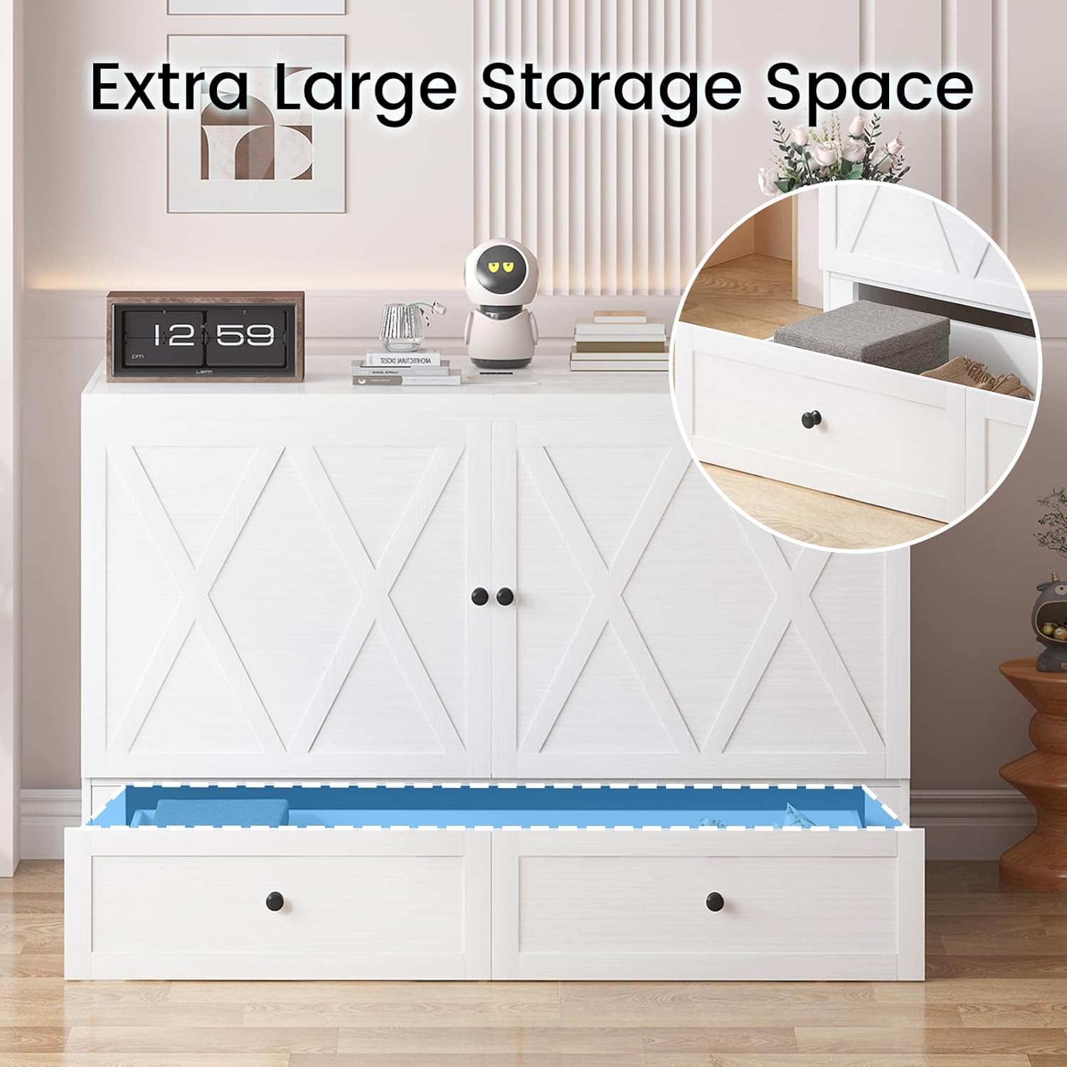 PUREMIND Queen Murphy Bed with Tri-Fold Mattress, Cabinet Beds Chest with USB Charging Station & Storage Drawer, Space-Saving Cabinet Bed for Small Apartments, Guest Room, Home Office (White)