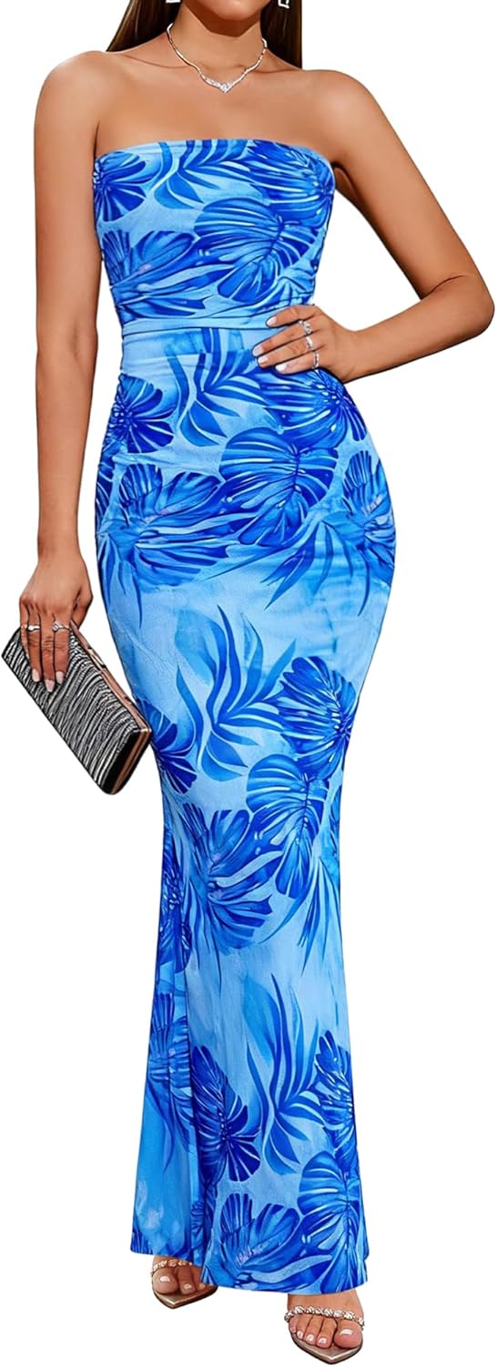 BTFBM Women Summer Strapless Maxi Dress 2026 Bodycon Floral Long Wedding Guest Dress Formal Tube Mesh Cocktail Dresses(Leaves Blue, Small)