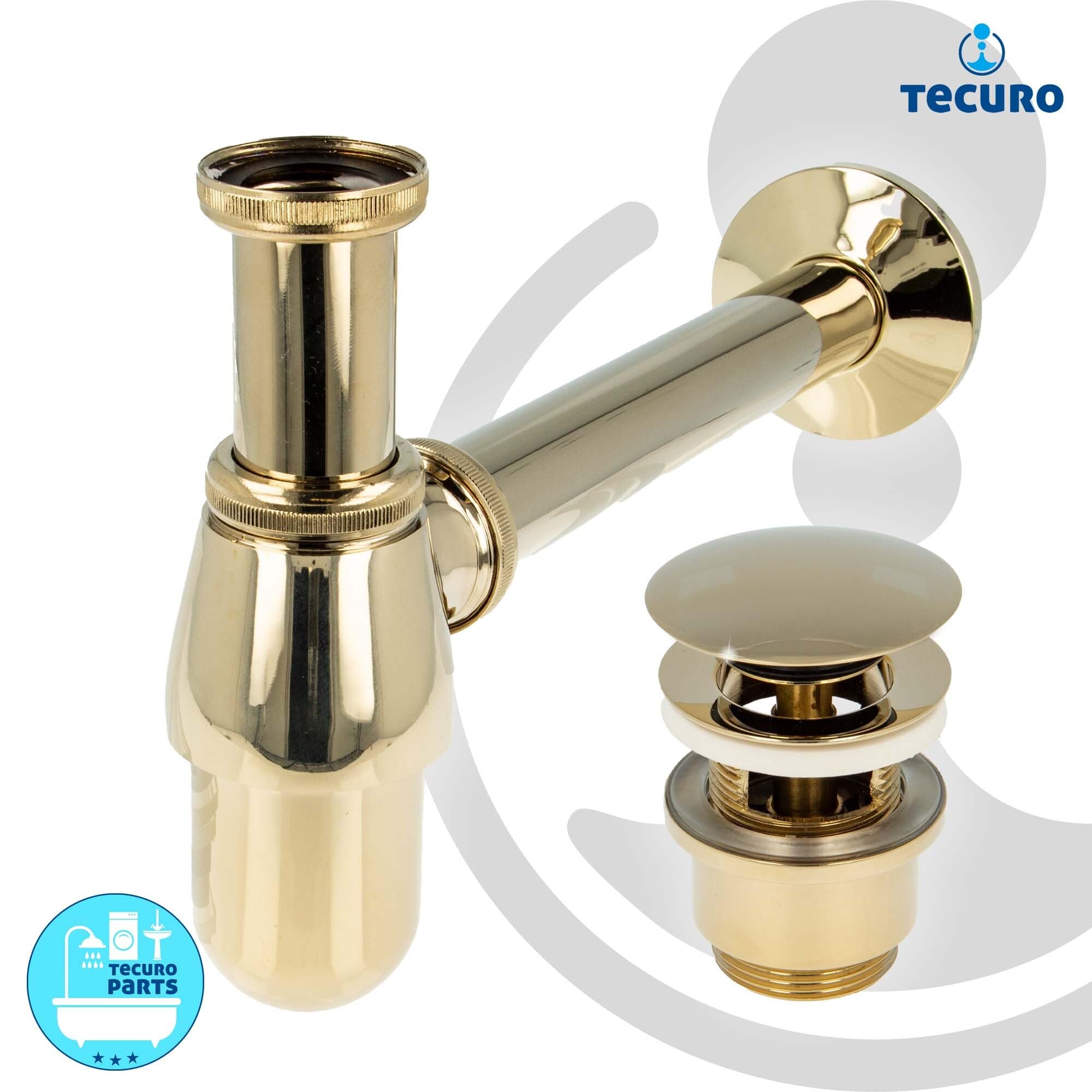 tecuro Siphon mit Pop Up Ablaufventil vergoldet - Universal Set für Waschtisch/Waschbecken