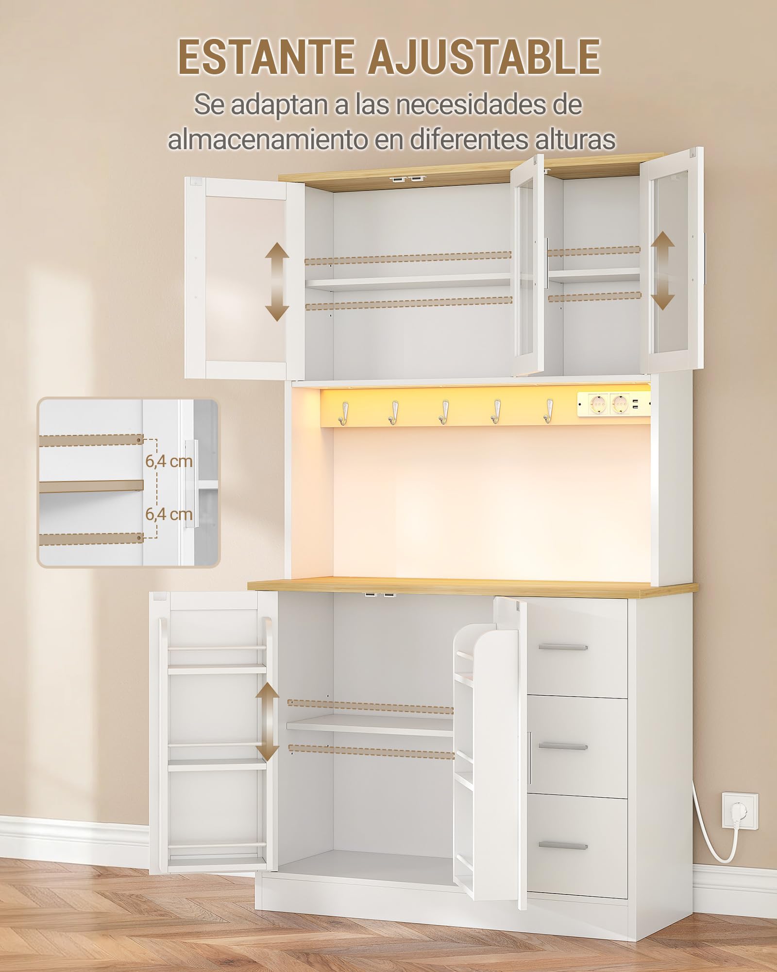 Hzuaneri Armario Cocina Alto, con Toma y Tira LED, 40 x 100 x 180 cm | Estante 6 Niveles Tras Puerta, 5 Puertas y 3 Cajones, Para Cocina o Salón, Blanco-Roble PT10303XEU