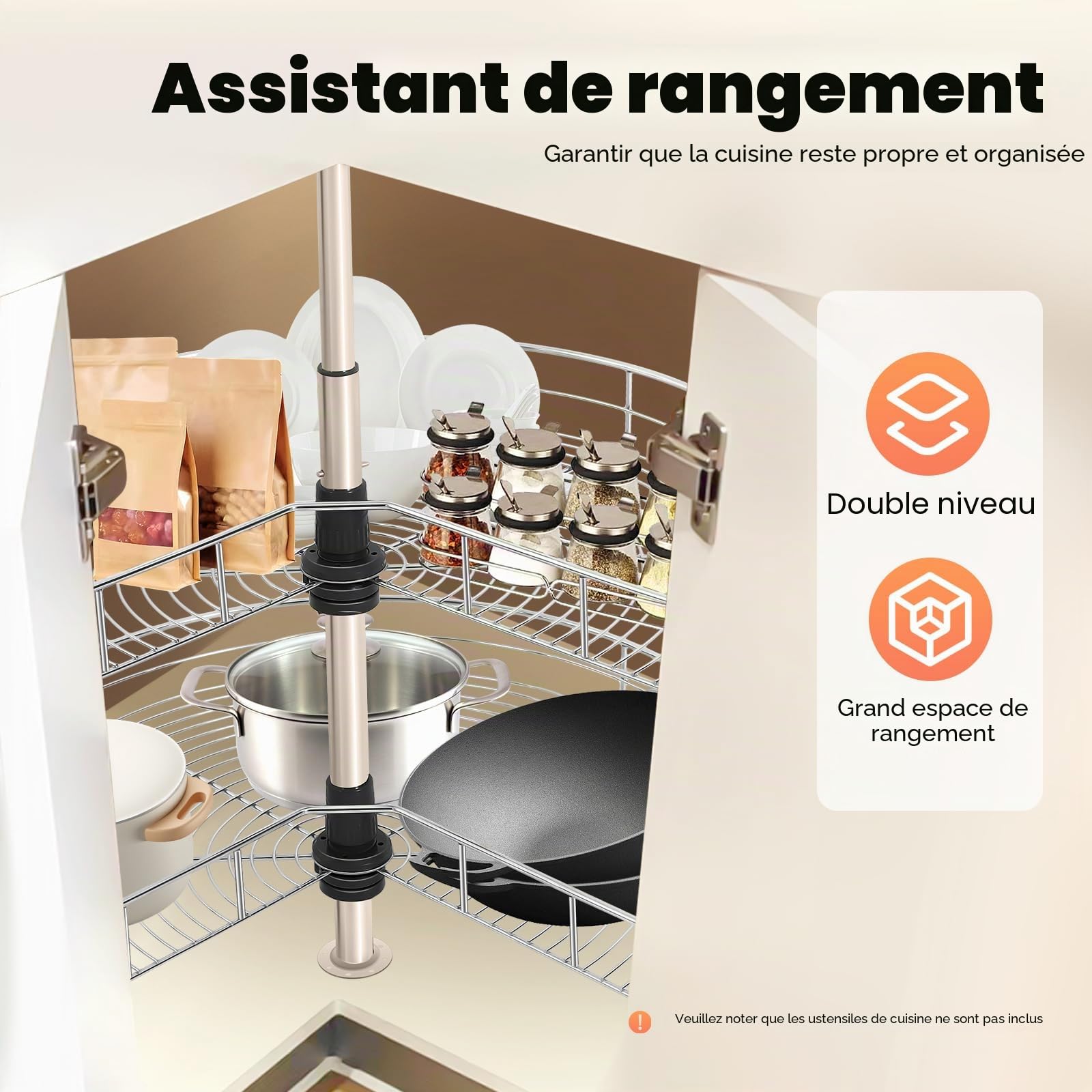 Carrousel - armoire d'angle de cuisine - Panier rotatif à 270° - Double couche - Hauteur réglable (54,4 à 77 cm) - Carrousel d'armoire pour cuisine