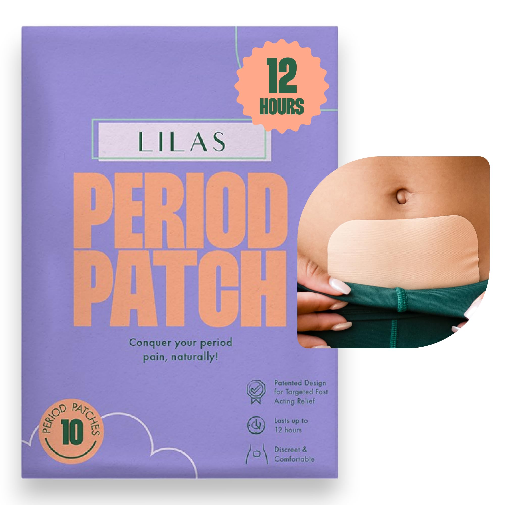 LILAS Pain Relief Patch (10-Pack) - Natural Relief for Menstrual Period Cramps | Made of Essential Oils | Designed for PMS Relief | Plant Based Painkiller Alternative