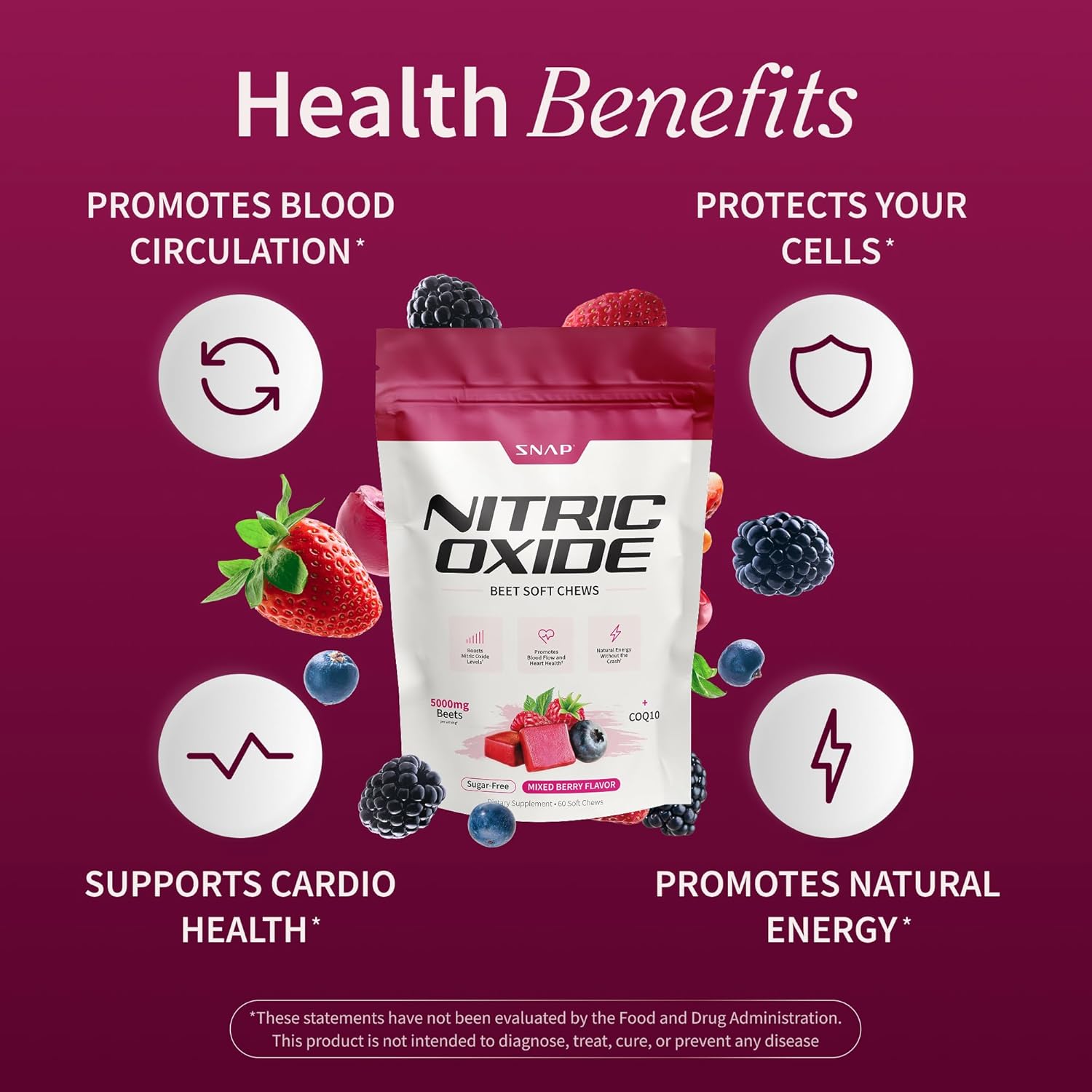 Snap Supplements Beet Root Natural Nitric Oxide Supplements for Men & Women, with Beet Root Extract for Energy, Heart Health & Circulation Support, 60 Soft Chews (1 Month Supply), Mixed Berry - Image 4