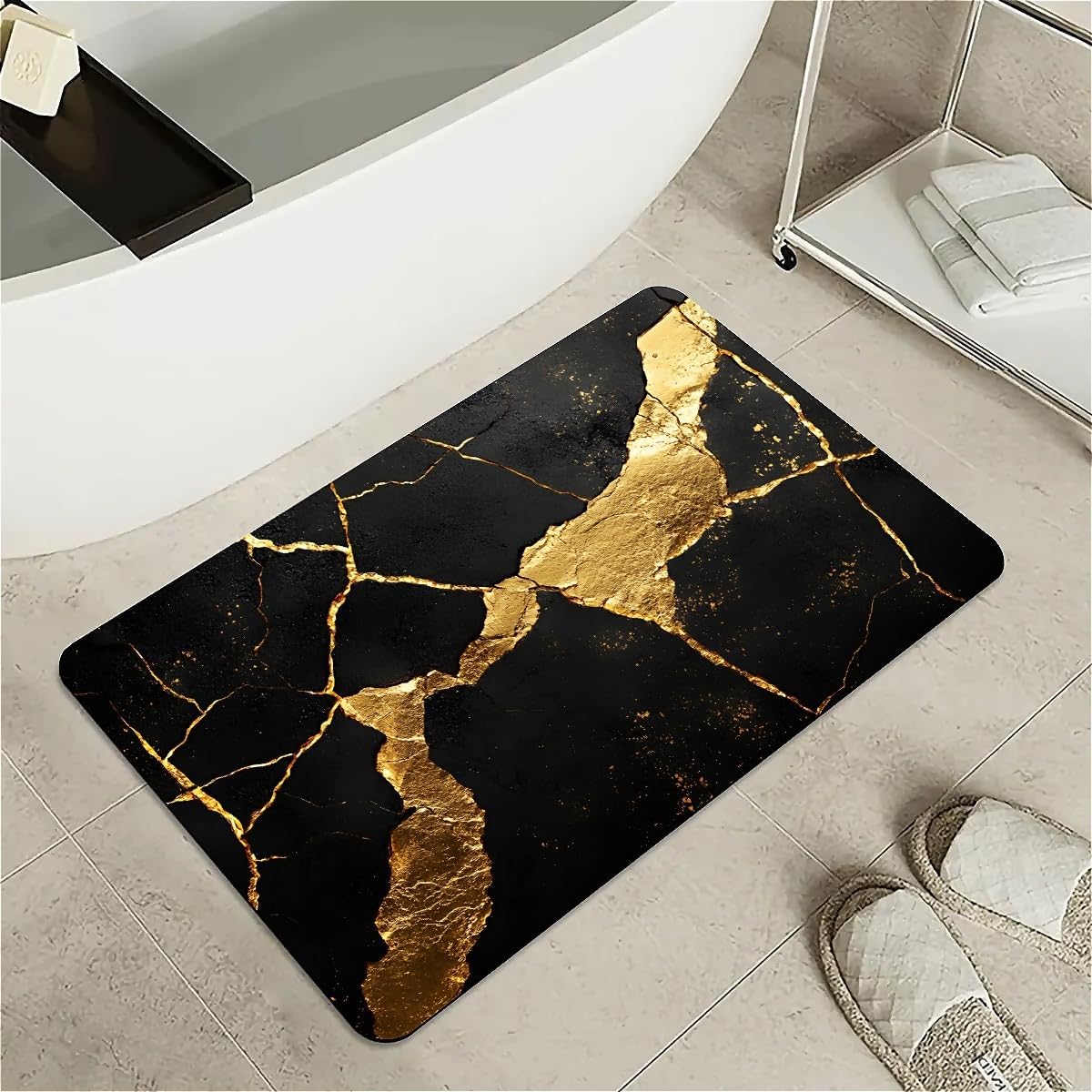 Diatomaceous Earth Bath Mat,Black with Gold Cracks Non-Slip Volume Super Absorbent Fast Drying Eco-Friendly Easy to Clean for Bathroom Kitchen Door mat 16×24Inch (40 * 60cm)
