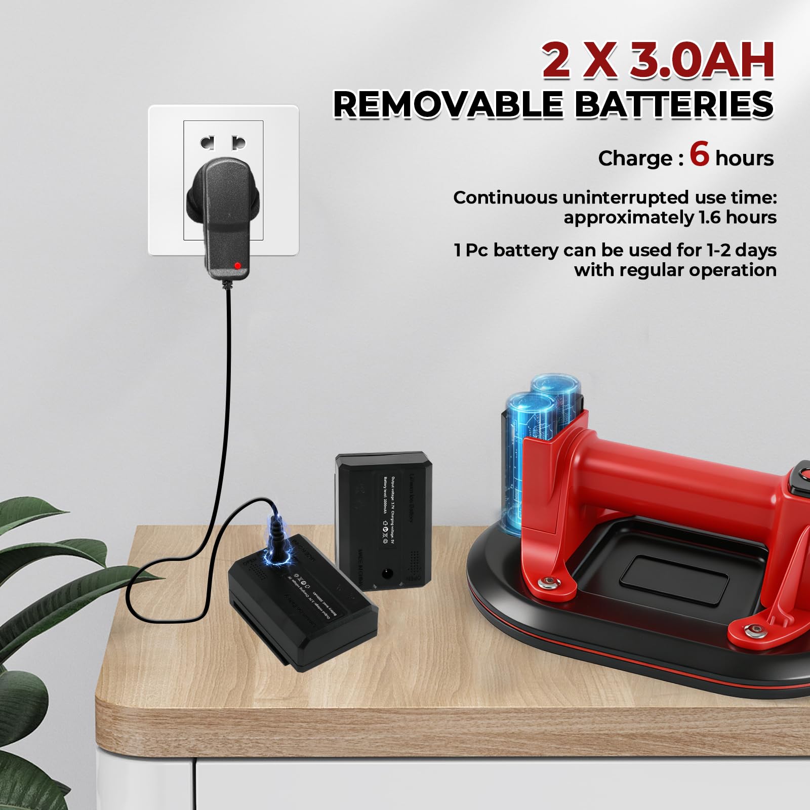 Ventosa a batteria, 260 kg, sollevatore a vuoto da 24 cm, con 2 x 3000 mAh batterie, con display LCD, ventosa per vetro per sollevare piastrelle, granito, specchi, lastre (EU)