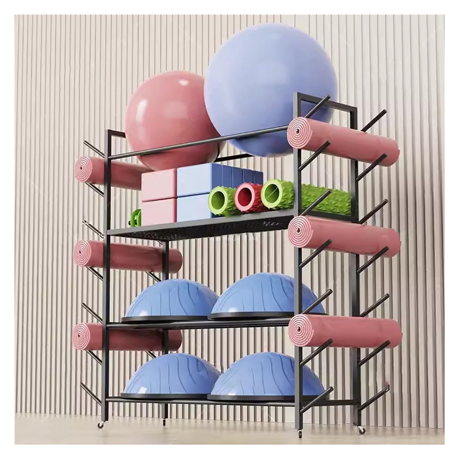 Robusto scaffale Organizer per Palestra Domestica con Ruote - Contenitore da Pavimento per tappetini da Yoga, Palle e Attrezzi per l'equilibrio - Scaffale per Allenamento Professionale con r