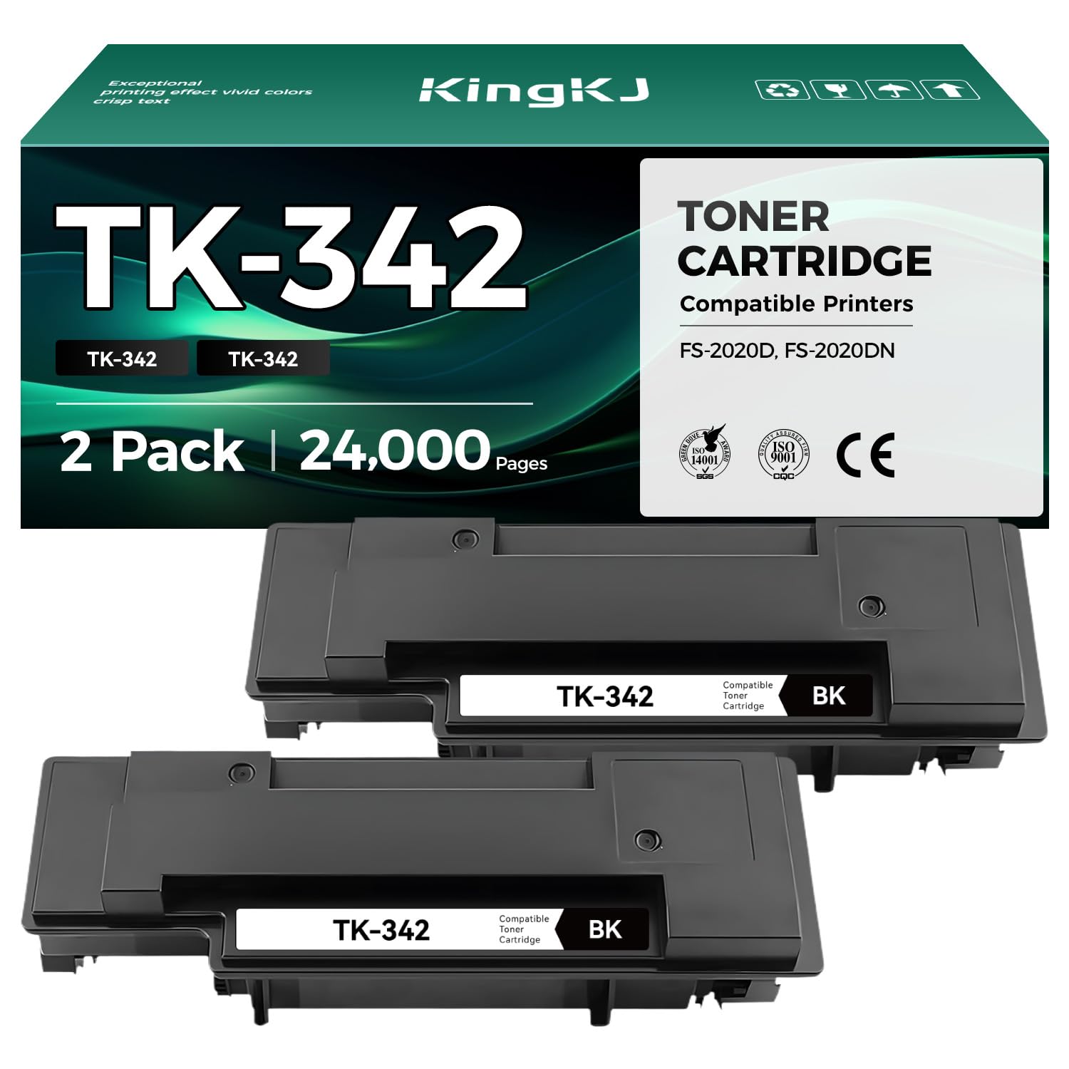KingKJ TK-342 TK342 Toner Cartridge Black 2-Pack High Yield Replacement for Kyocera TK-342 TK342 1T02J00US0 1102J03EU0 Toner Ink Compatible with Kyocera FS-2020D FS-2020DN Printer Copy（12,000 Pages）