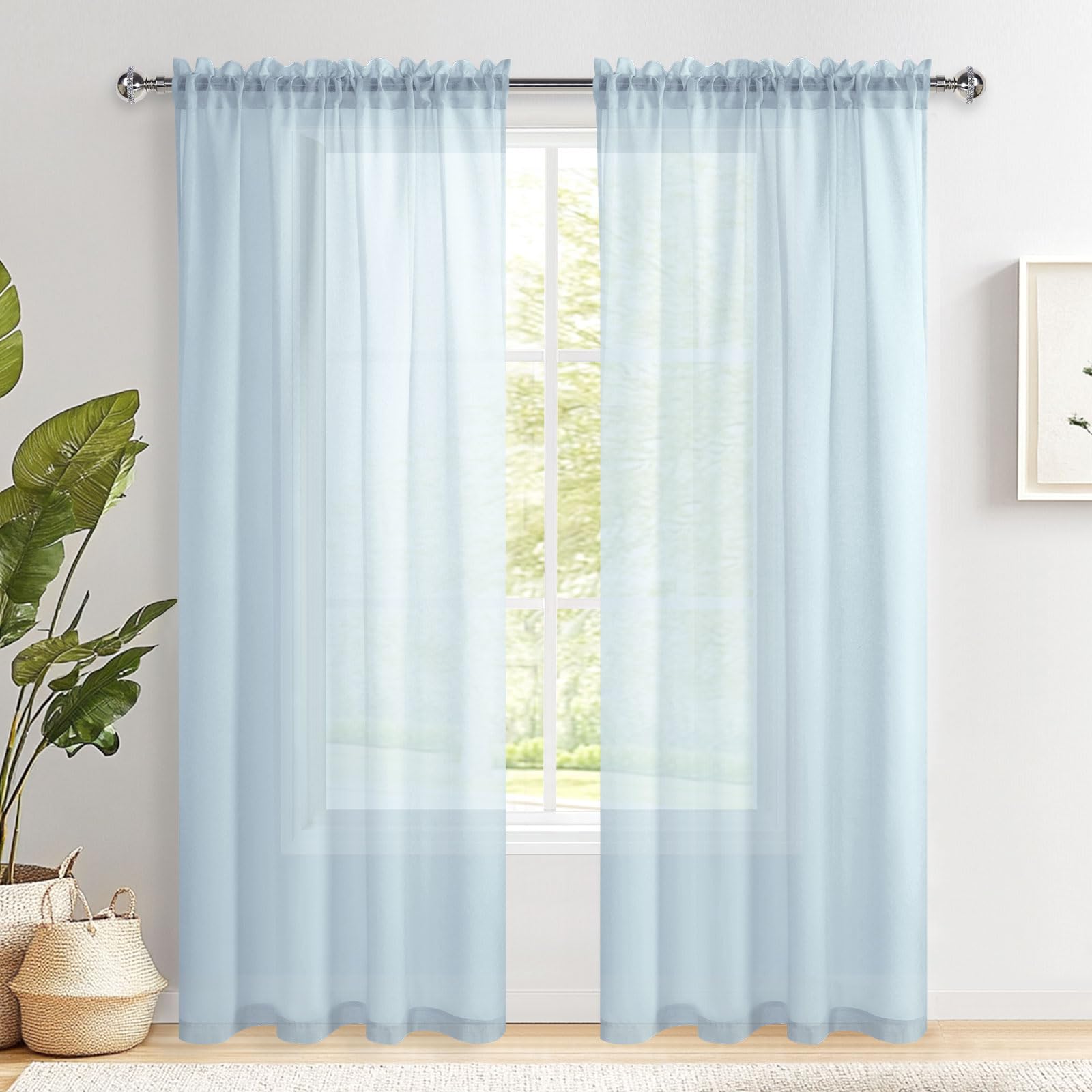 DWCN Baby Blue Net Curtains for Windows 90 Inch Drop, Rod Pocket Voile Door Curtain Semi-Transparent Panels for Living Room Elegant Home Decrotion Drapes for Bedroom, W55 x L90 Inch, 2 Panel